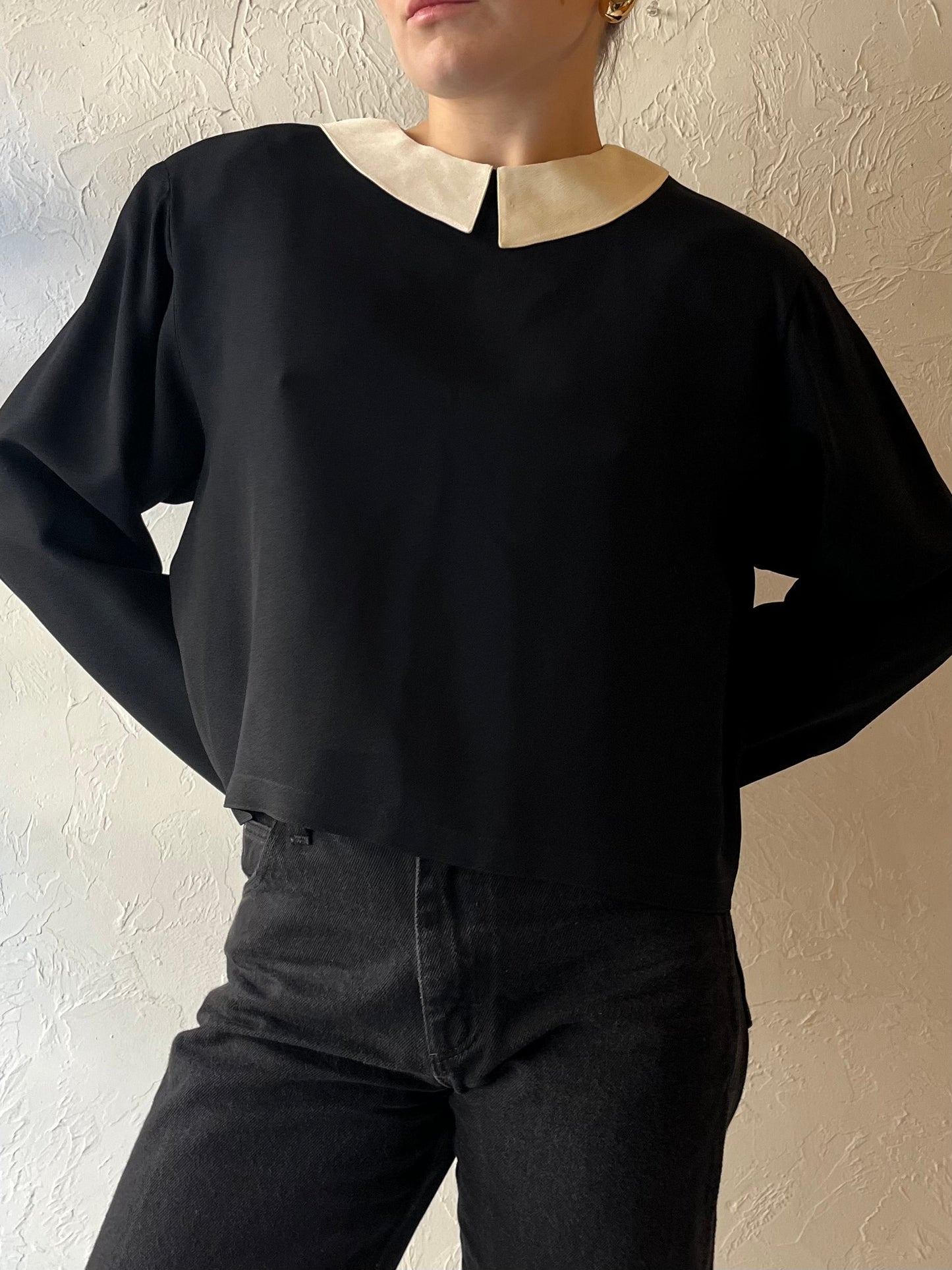 90s ‘Albert Nipon’ Black Collared Long Sleeve Blouse / Small