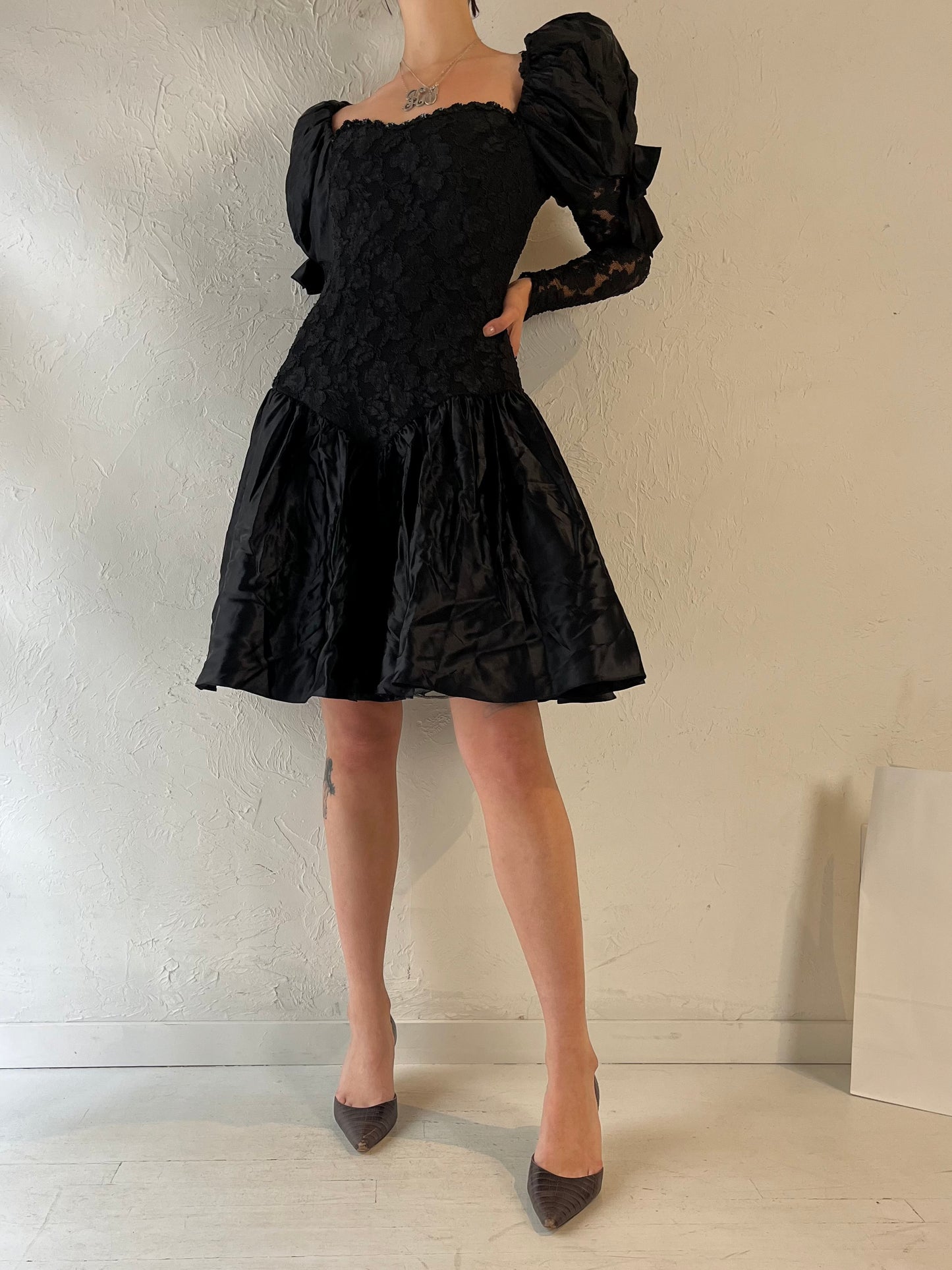 80 'Masquerade' Black Puff Sleeve Lace Party Dress / Medium