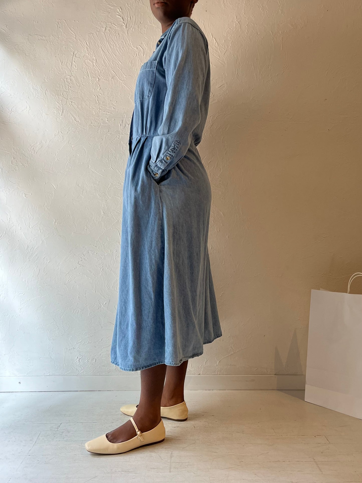 90s 'Daniel Caron' Long Sleeve Denim Dress / Medium