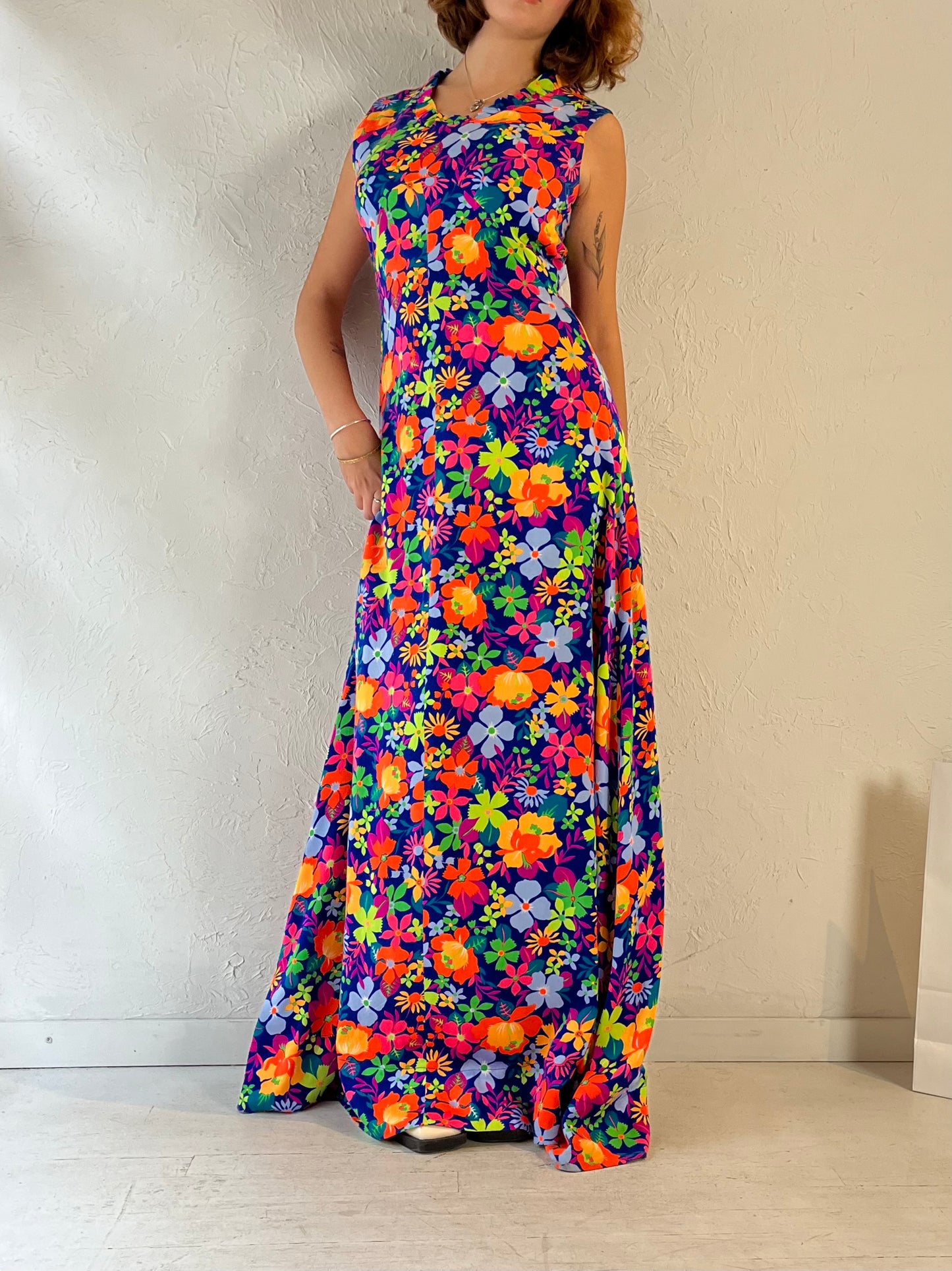 Vintage Handmade Retro Floral Print Maxi Dress / Medium