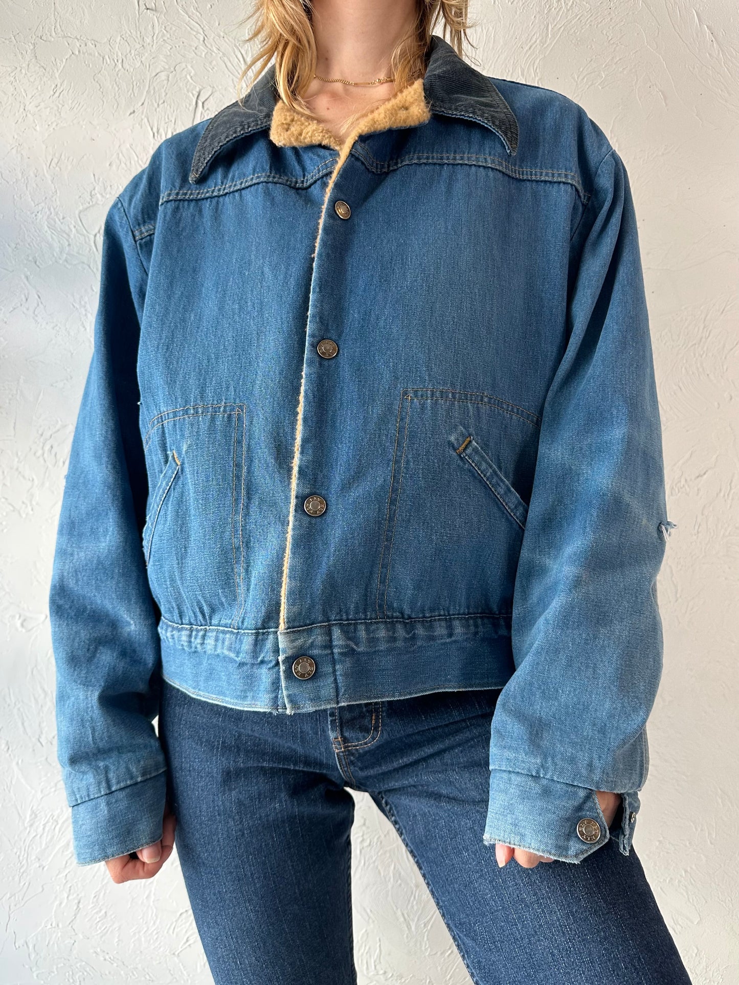 90s 'Ely' Faux Fur Cropped Denim Jacket / Large