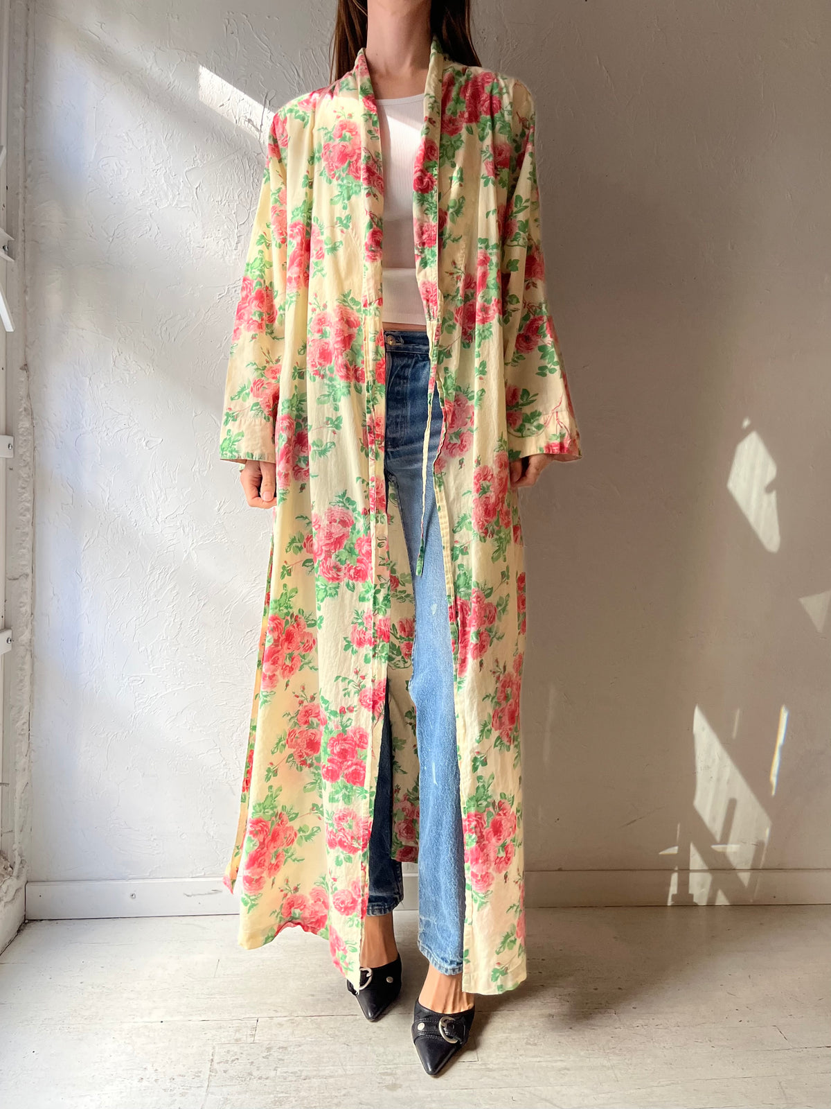 Y2k 'April Cornell' Yellow Floral Light Weight Cotton Robe / XL