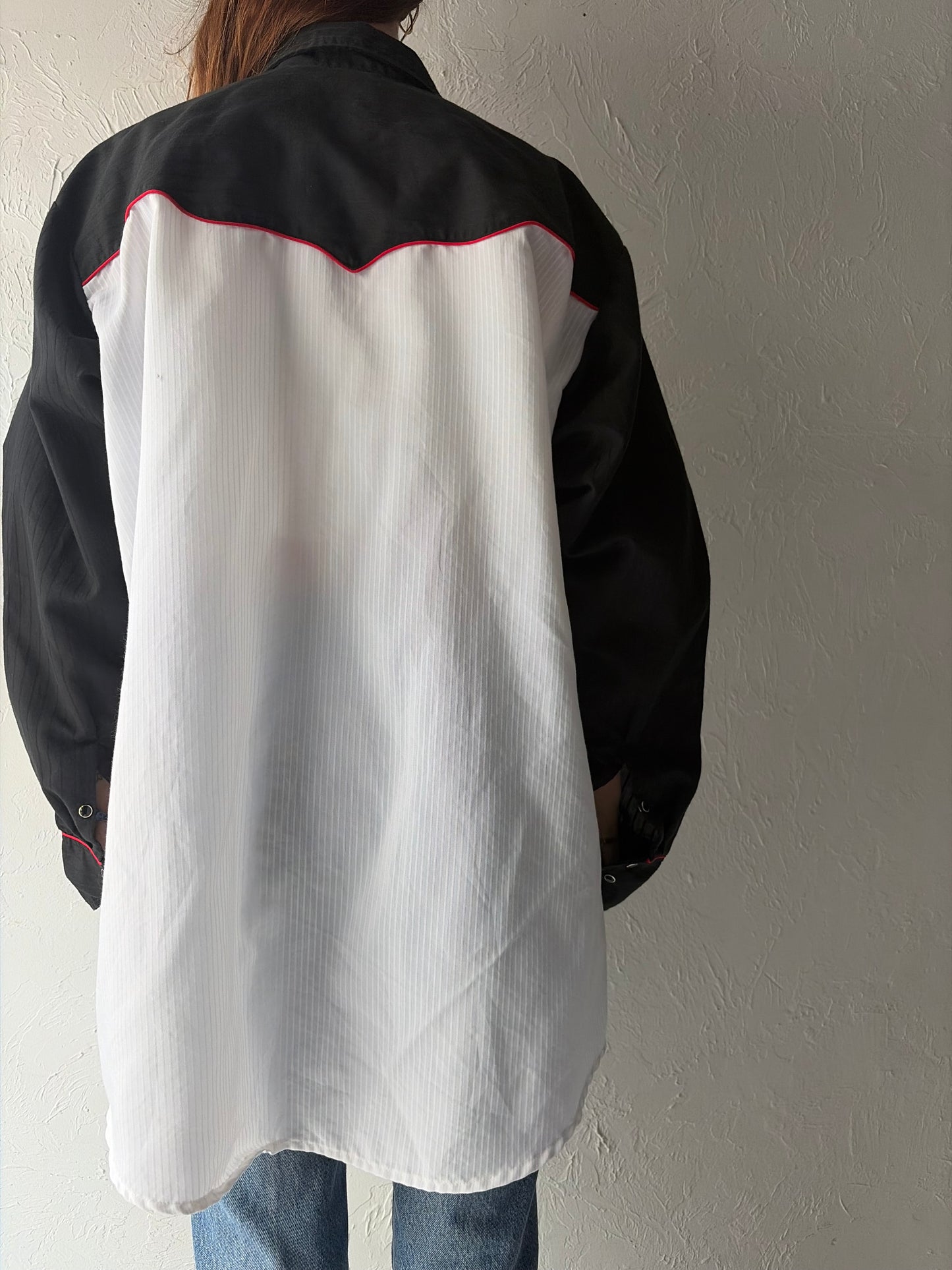 80s 'Mid-West Garments' Two Toned Embroidered Wester Cowboy Workwear Snap Up Shirt / XL