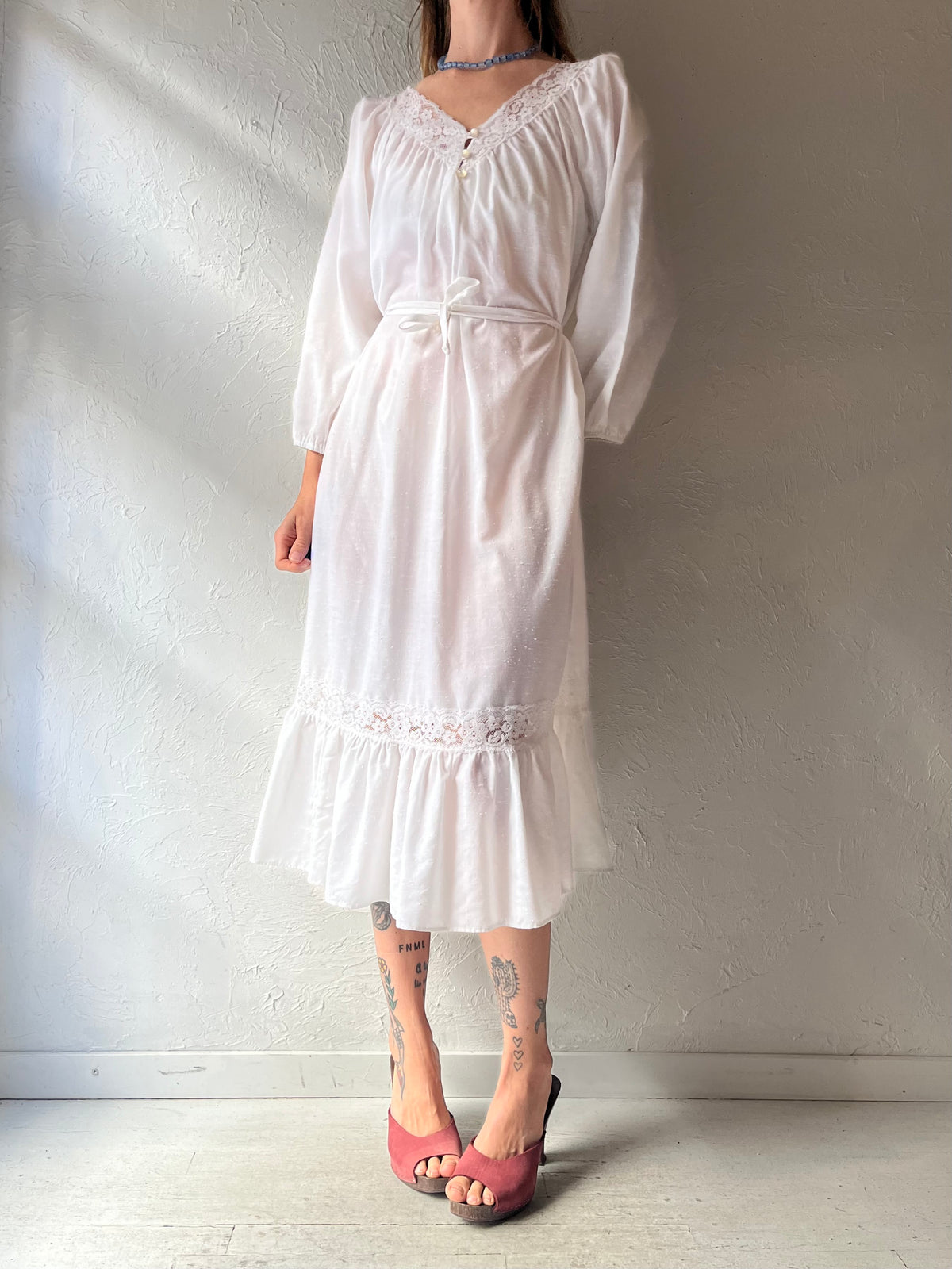 70s 'Sears' White Romantic Boho Western Prairie Cottagecore Midi Summer Dress / Medium