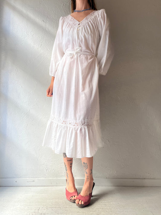 70s 'Sears' White Romantic Boho Western Prairie Cottagecore Midi Summer Dress / Medium