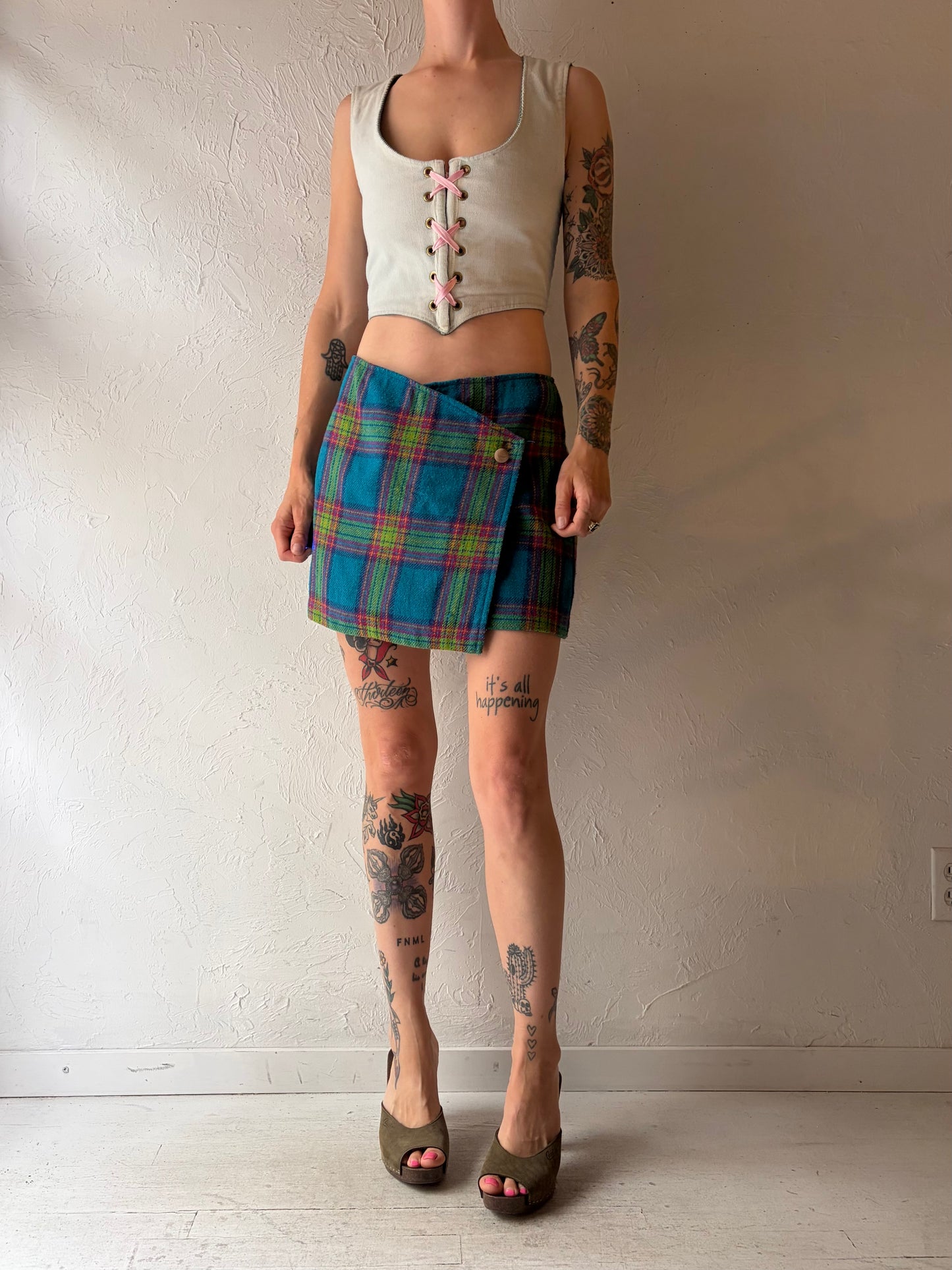 90s 'French Connection' Plaid Knit Mini Wrap Skirt / Large