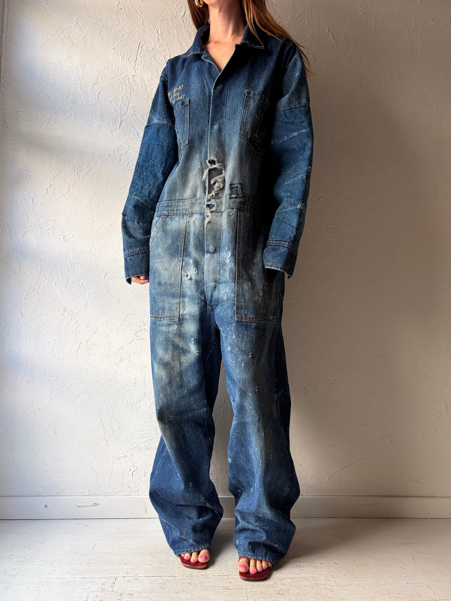 80s 'Action West' Thrashed Workwear Denim Coveralls / Large