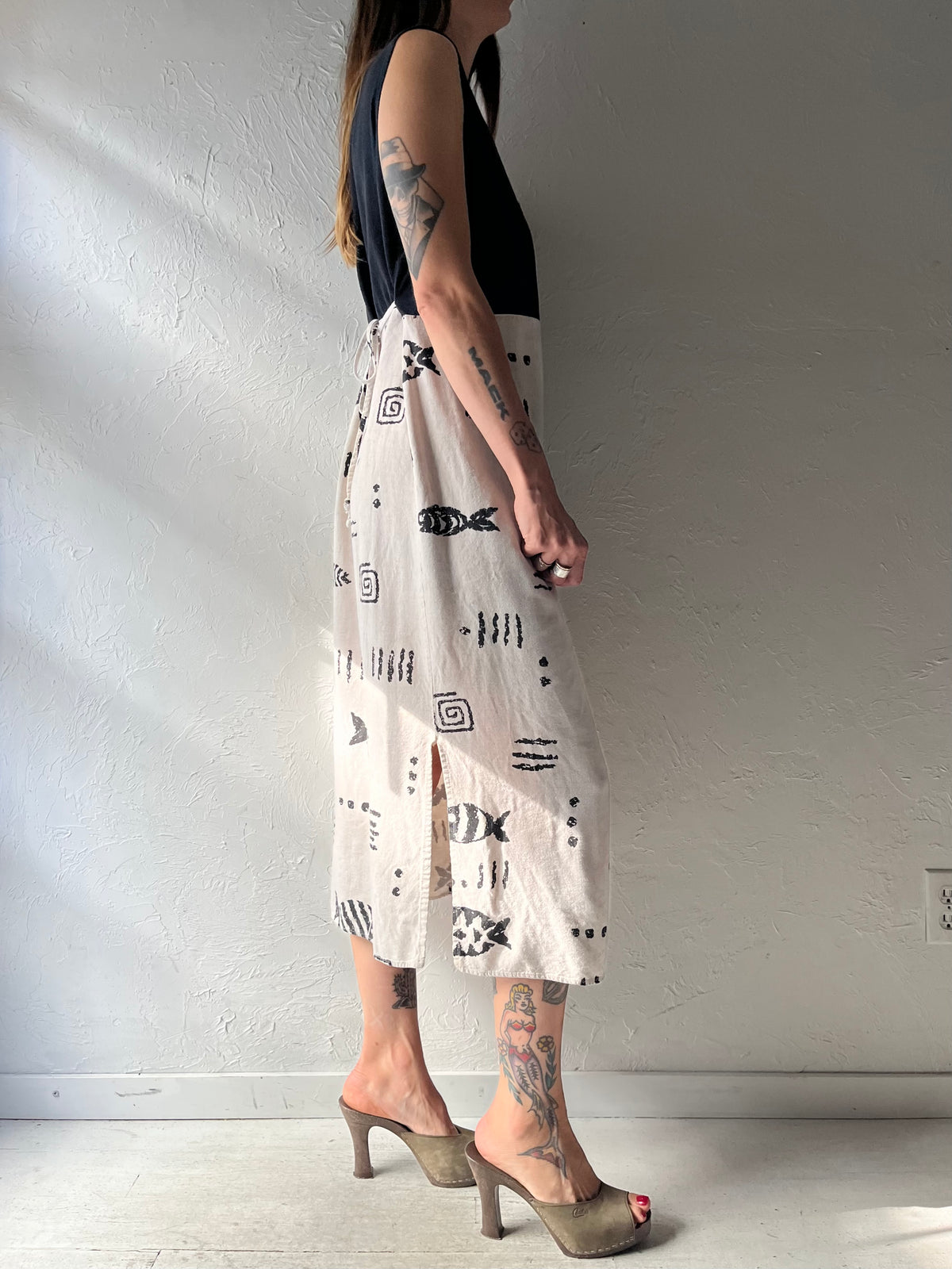 Vintage 90s Sleeveless Cotton Fish Dress / Small