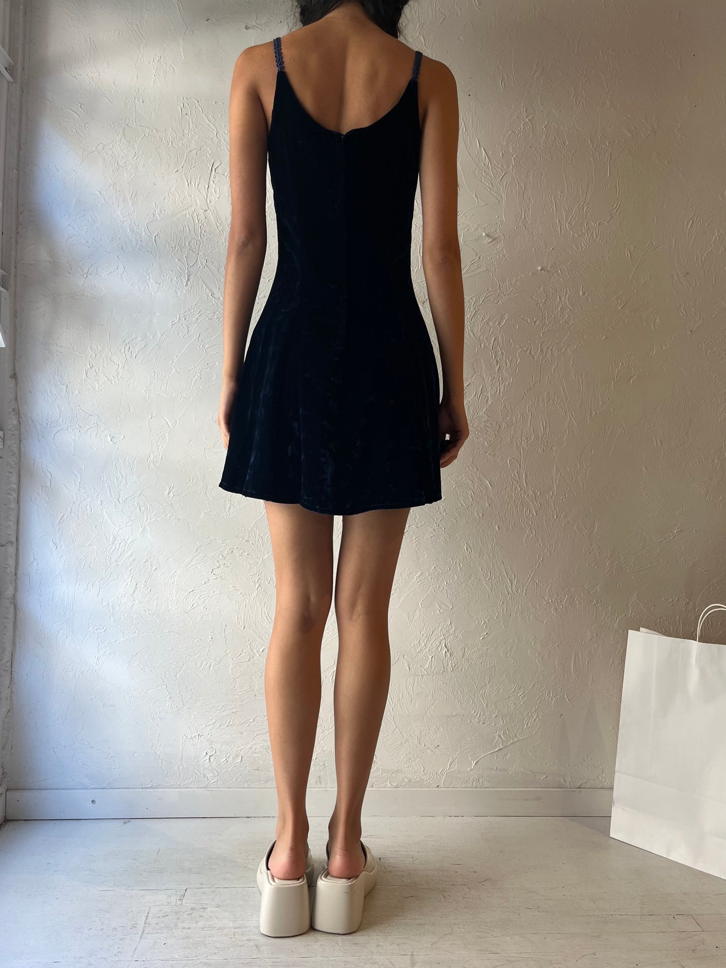 90s ‘Limbo’ Navy Blue Crushed Velvet Mini Dress / Small