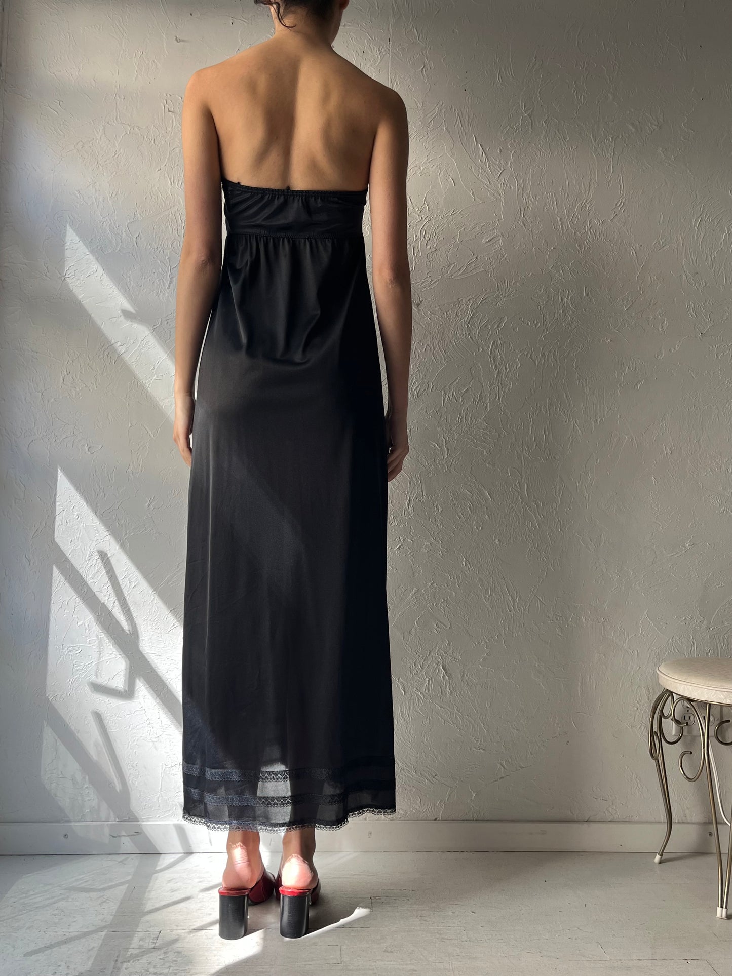90s 'Claydel' Black Strapless Romantic Nylon Maxi Slip Dress / Small