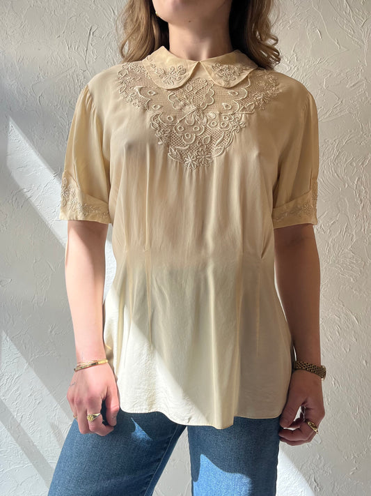 Vintage Cream Embroidered Silk Blouse / Medium