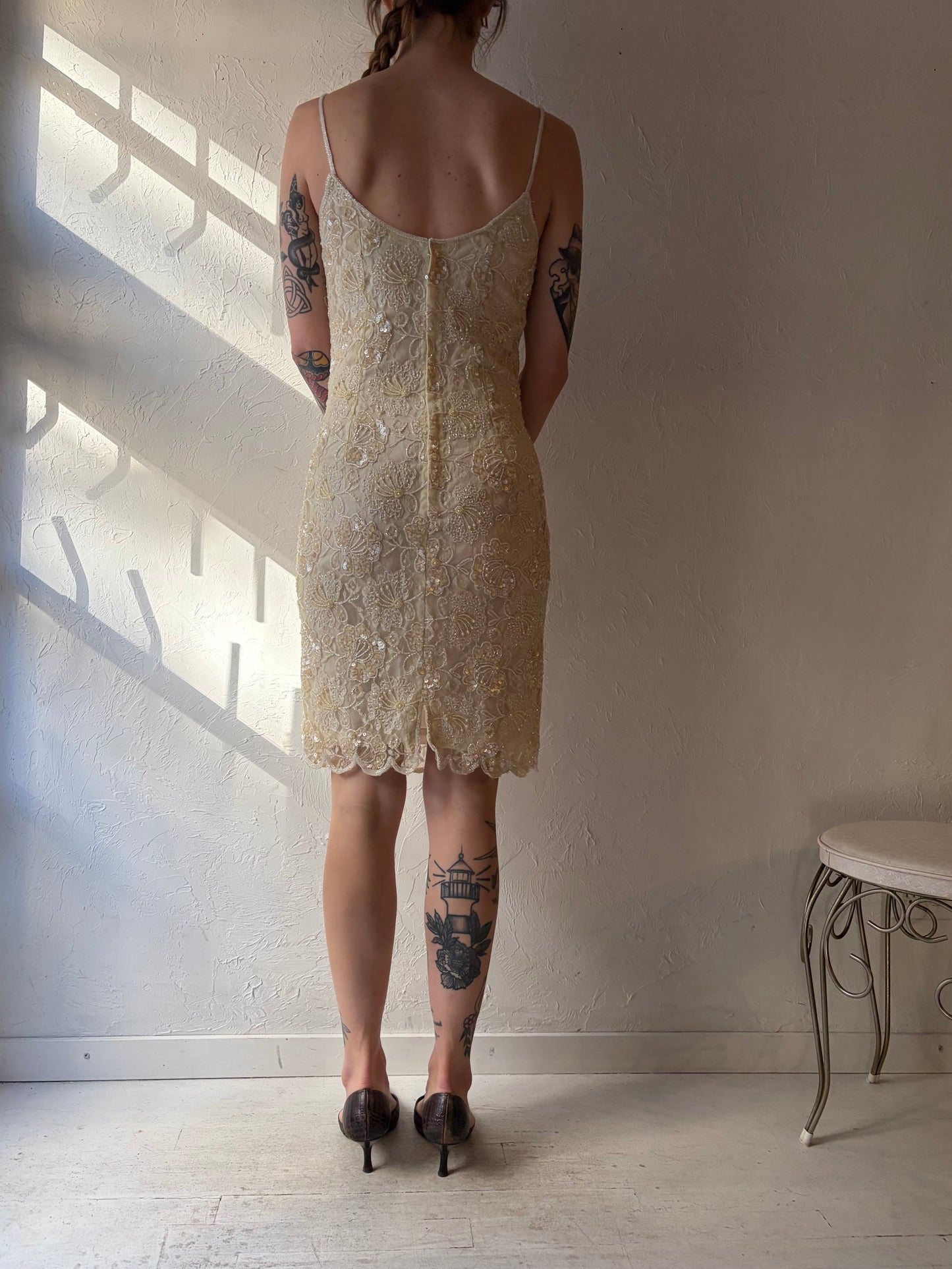 90s JRT' Cream Beaded Lace Dress / Small