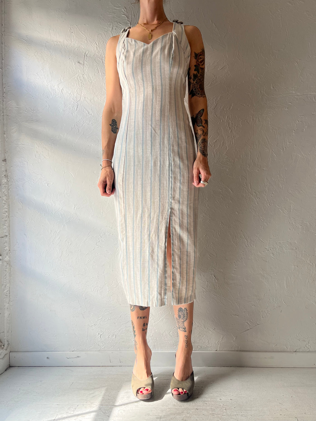 90s 'DBY' Striped Cross Back Midi Dress / Small