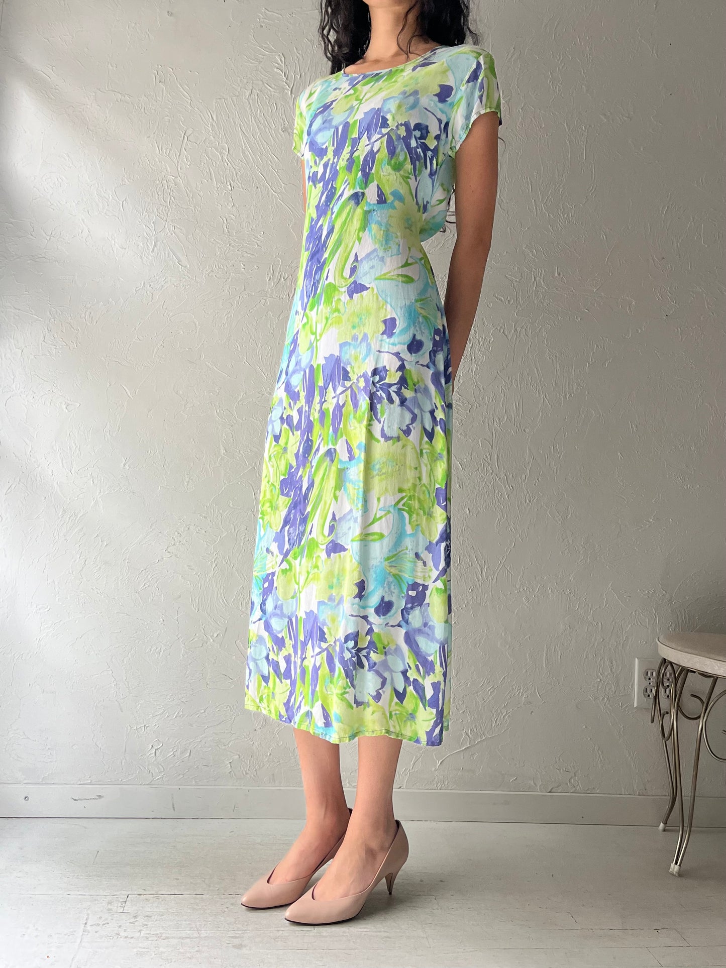 Y2k 'Karsh' Floral Rayon Midi Sundress / Vintage Garden Party Summer Dress / Small