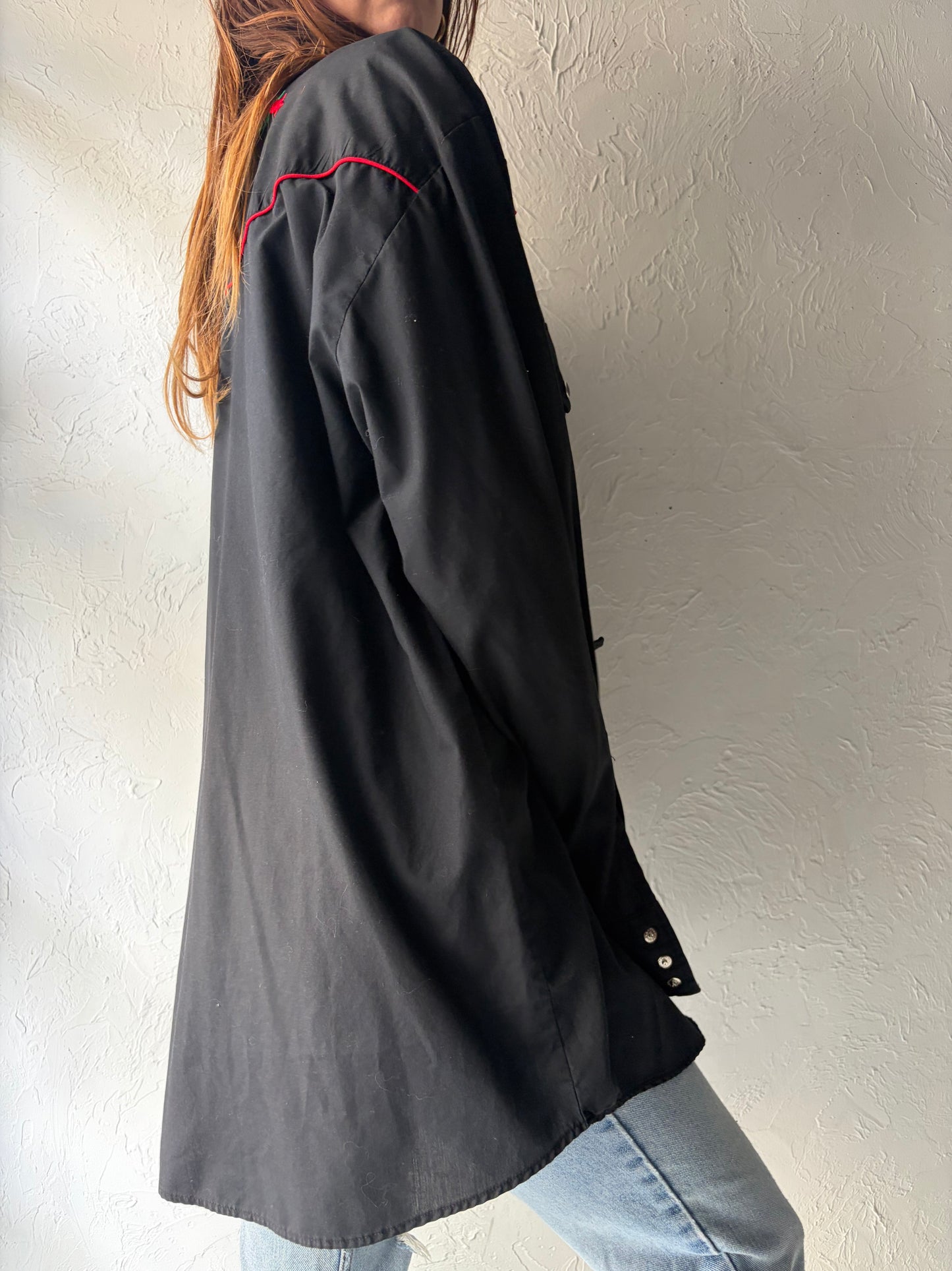 Vintage 'Ash Creek' Rose Embroidered Black Western Shirt / Large