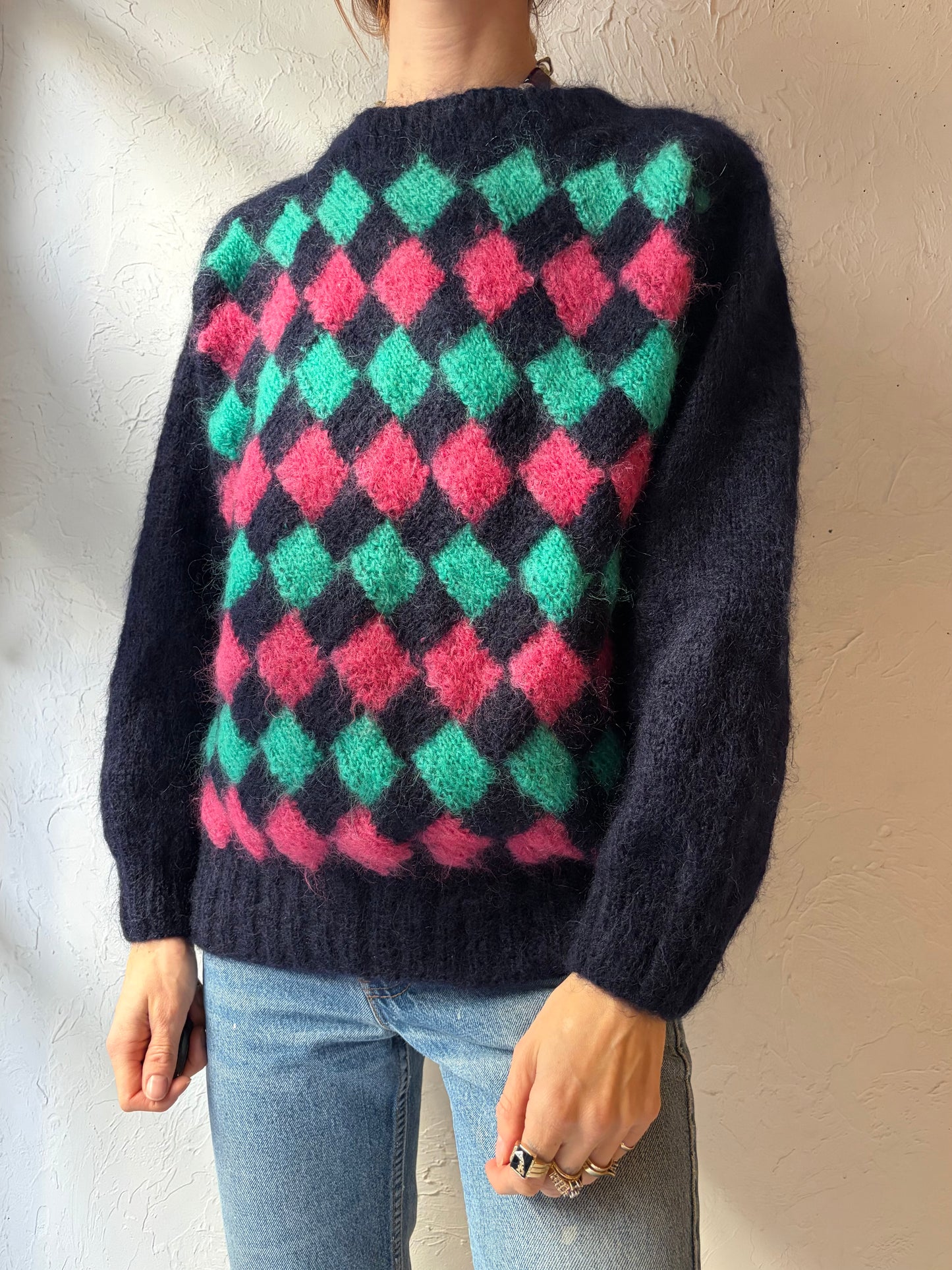 90s Handknit Patterned Mohair Crew Neck Sweater / Small