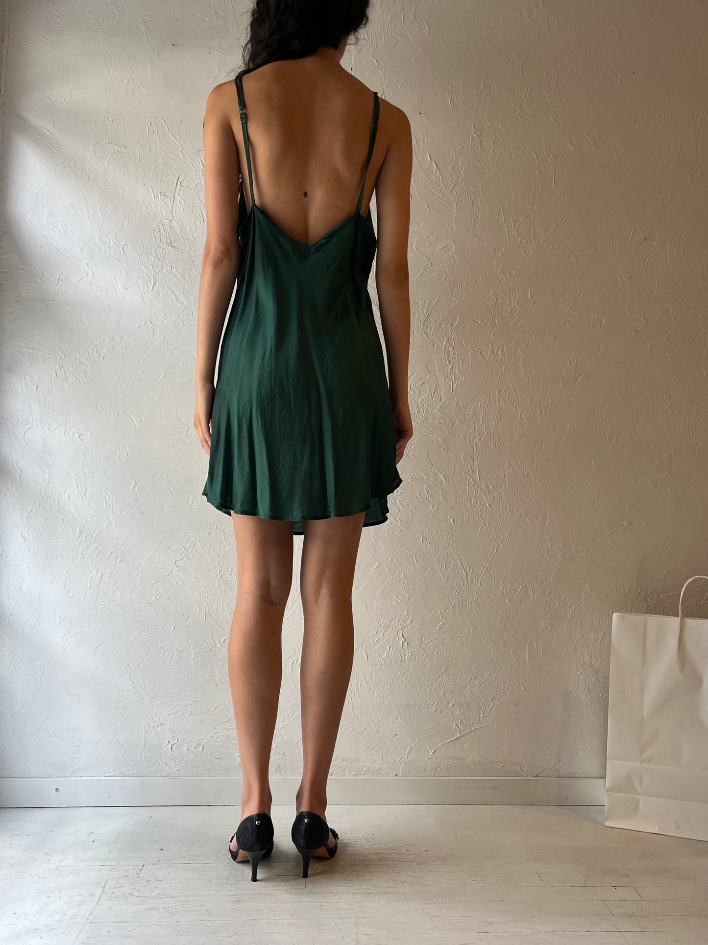 90s ‘Silk & Satin’ Green Silk Slip Dress / XL