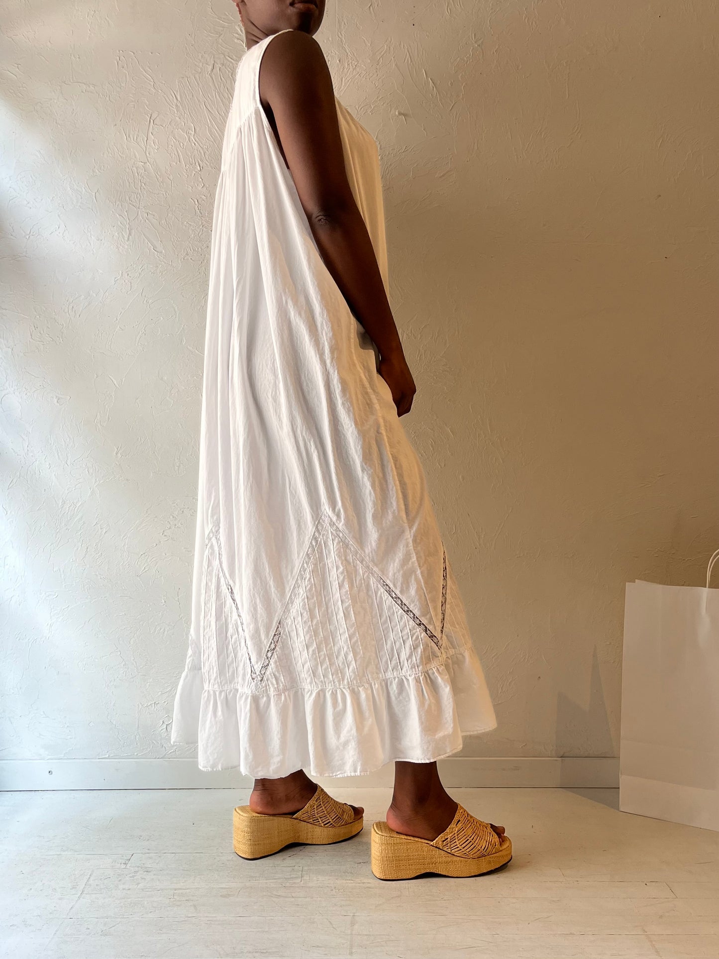 90s 'Eileen West' White Cotton Maxi Dress / Large