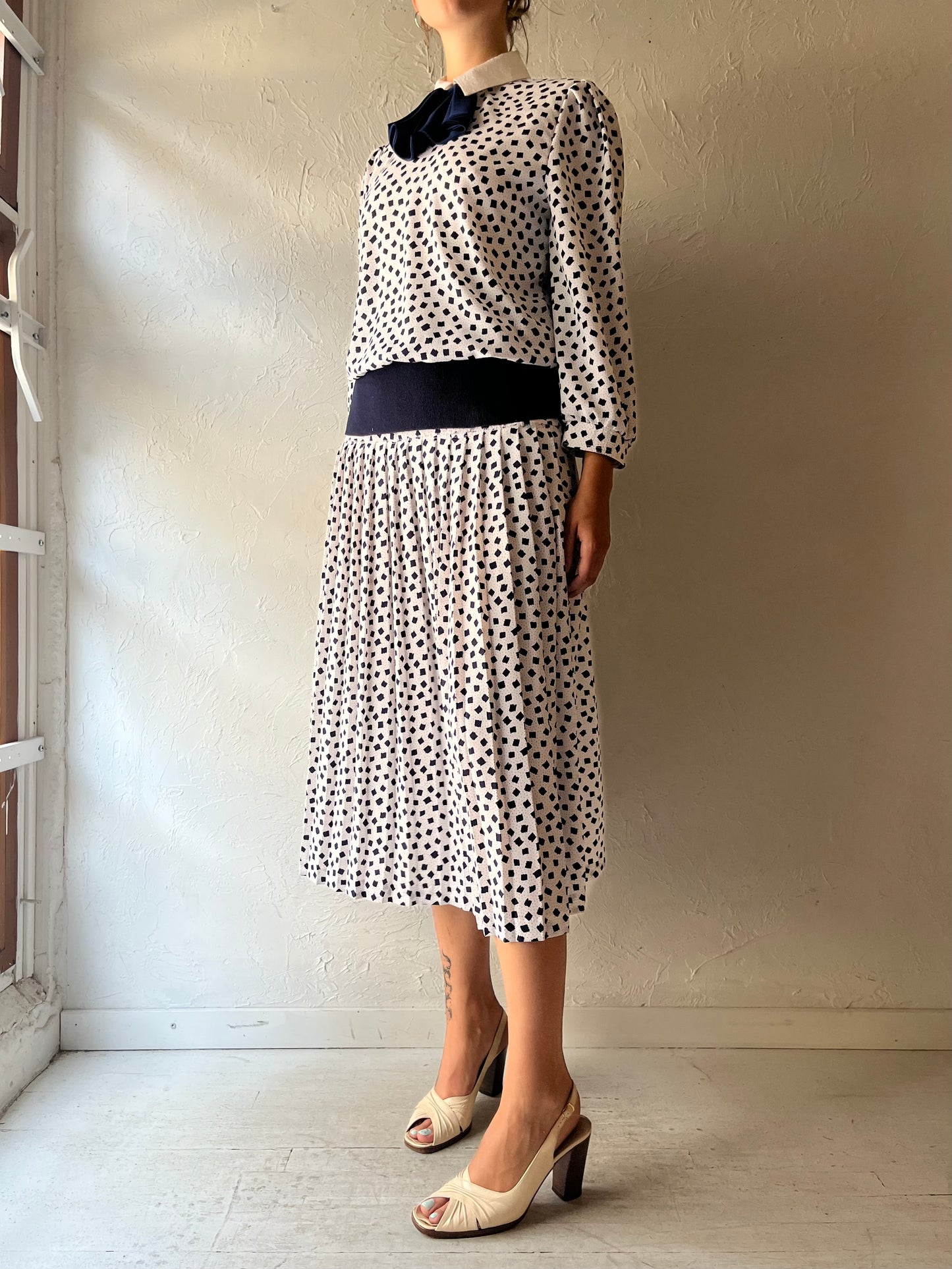 80s 'Demaro' Patterned Drop Waist Casual Spring Midi Dress / Union Made / Medium