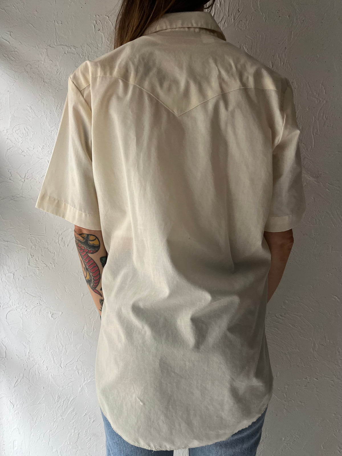 90s 'Western Fashions' Cream Pearl Snap Shirt / Medium