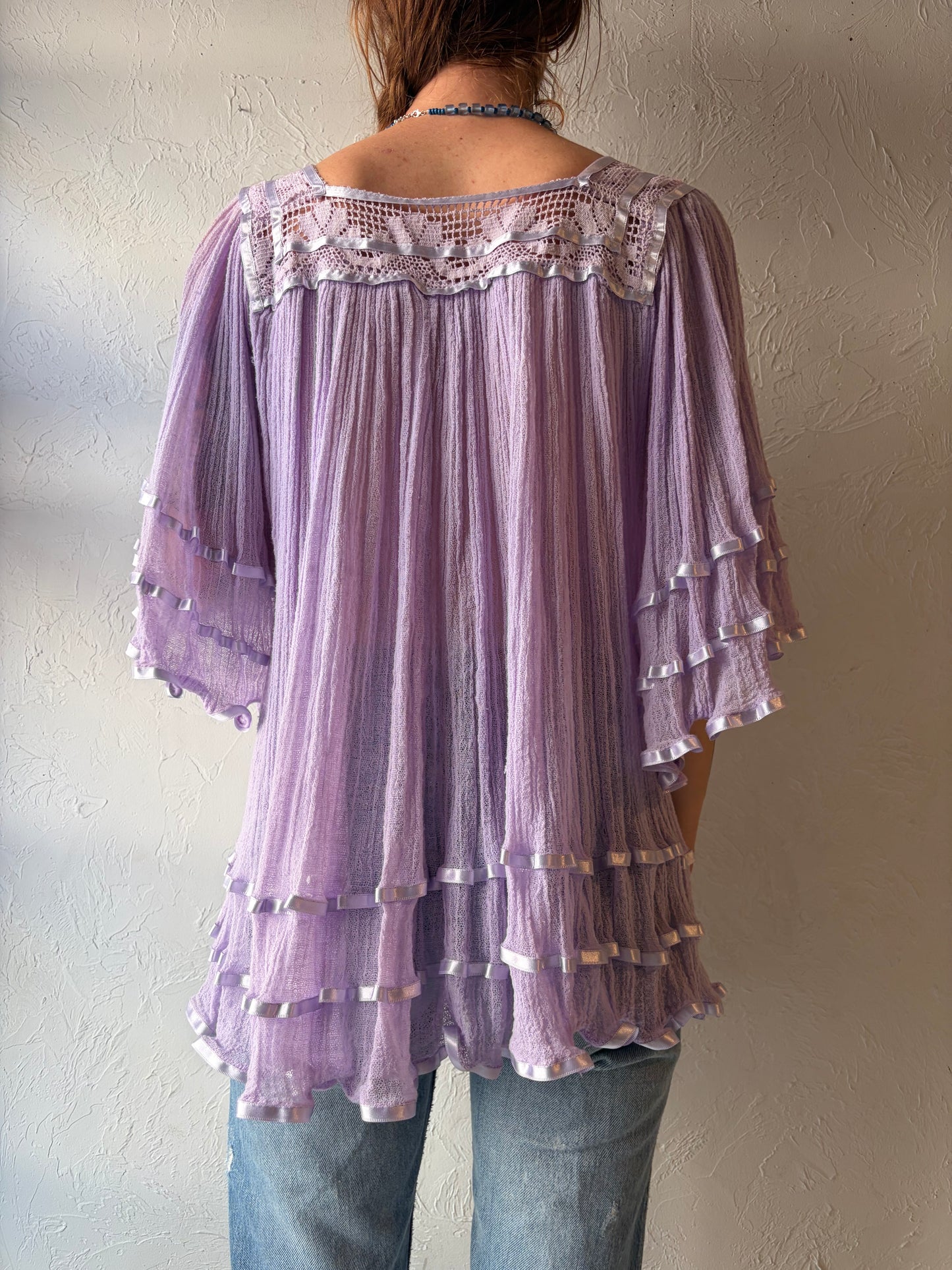 70s Purple Cotton Gauze Romantic Ruffle Boho Hippie Top / Meidum