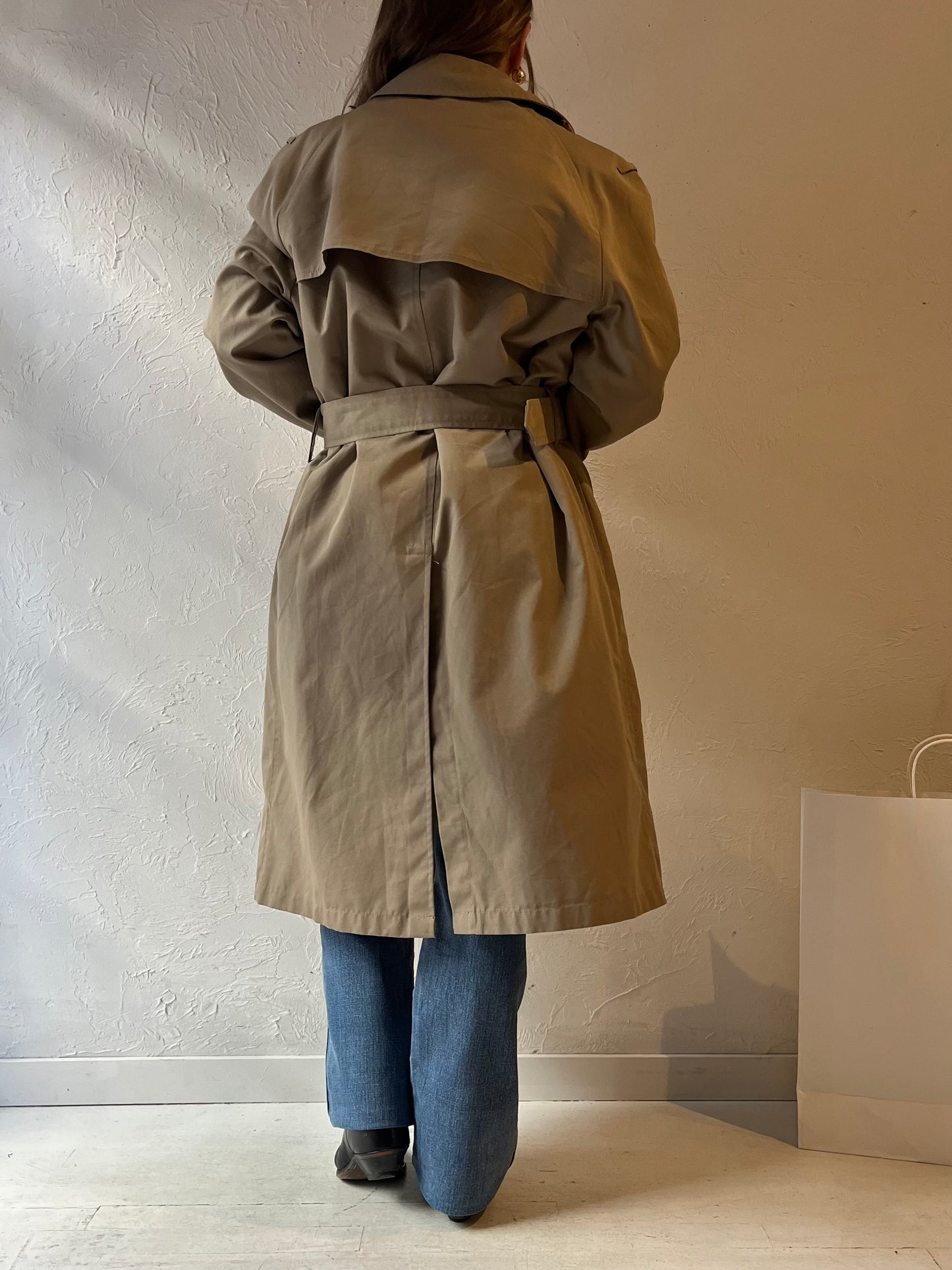 90s 'Clipper Mist London Town' Beige Faux Fur Lined Trench Coat / Medium