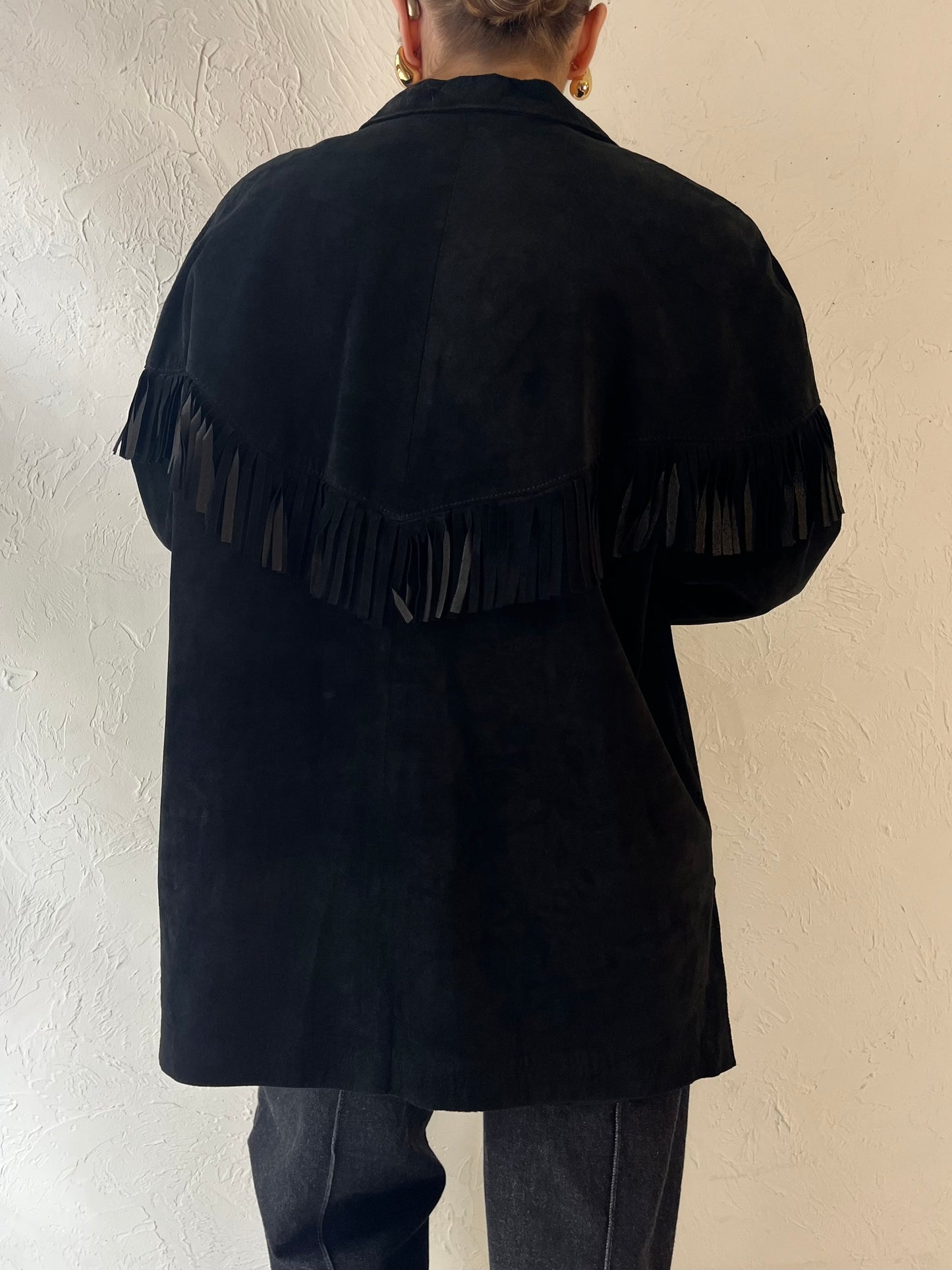 90s 'Danier' Black Suede Fringe Pullover Jacket / Large