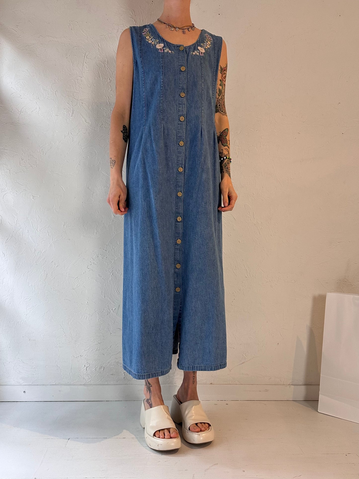 90s 'Stonybrook' Embroidered Denim Maxi Dress / Large