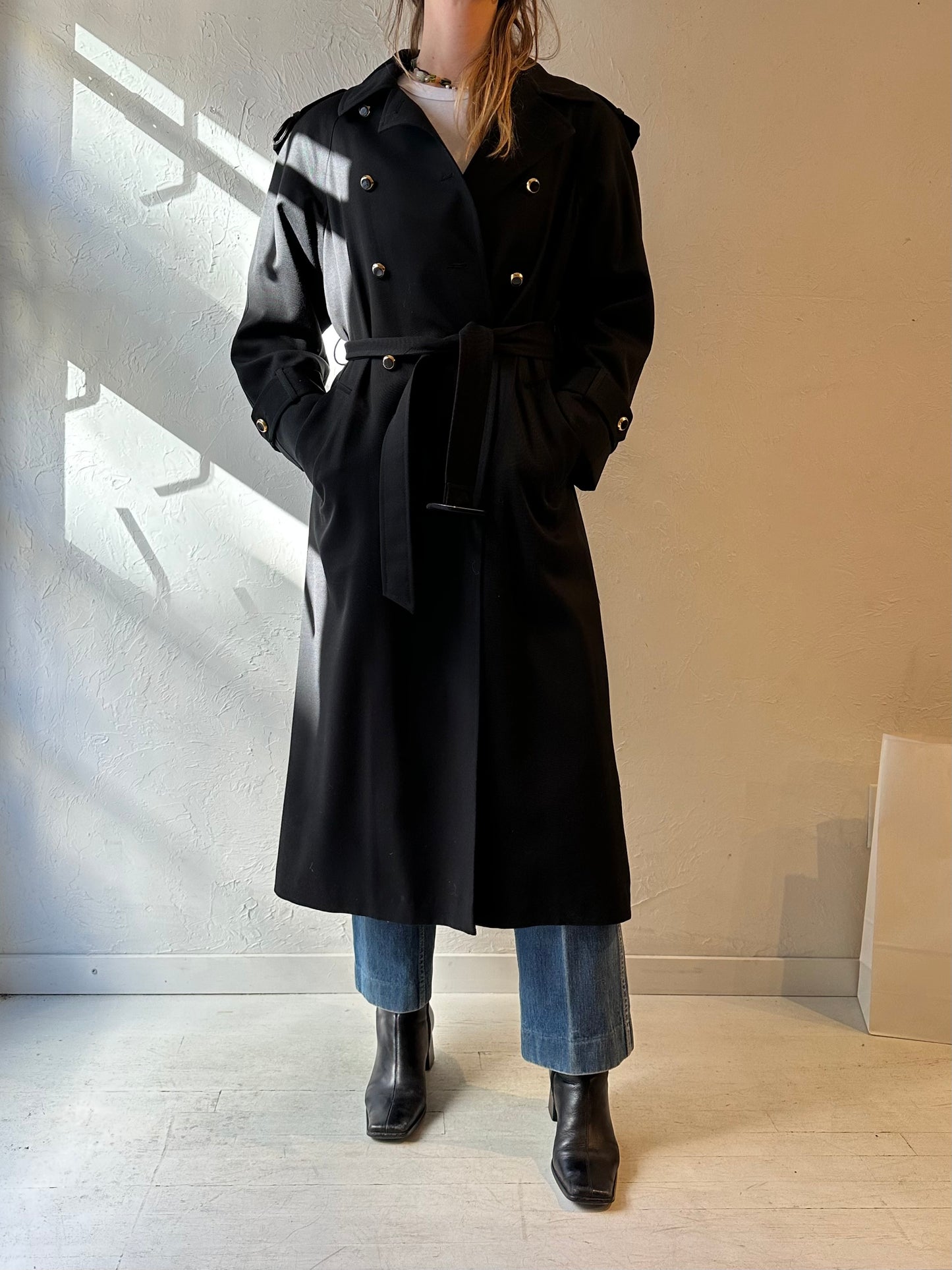 90s ‘Hilary Radley’ Black Wool Trench Coat / Medium