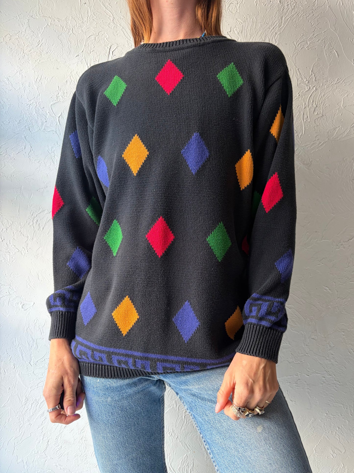 90s Cotton Diamond Knit Sweater / Medium