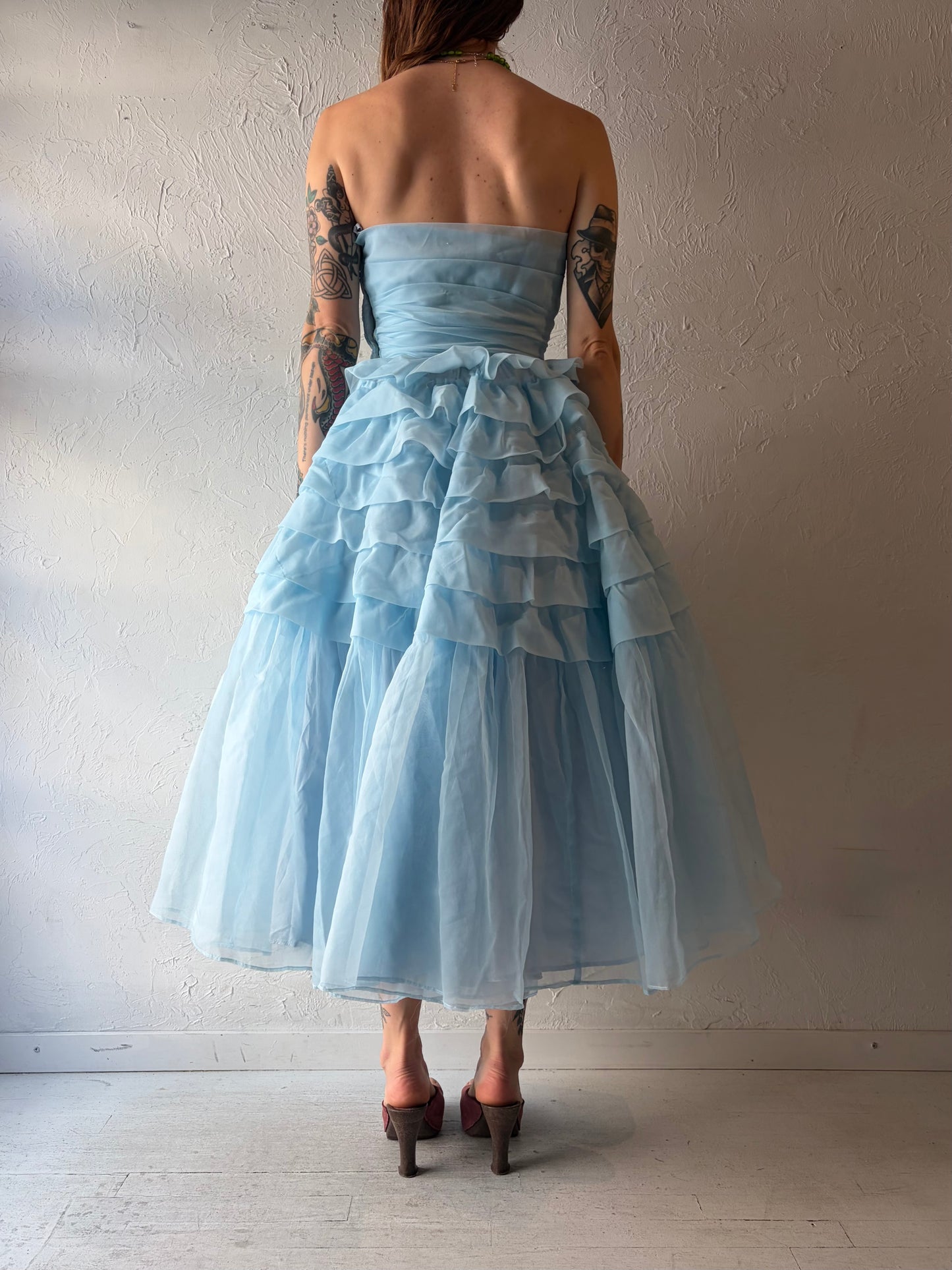 80s Baby Blue Strapless Ruffle Formal Party Dress / XS