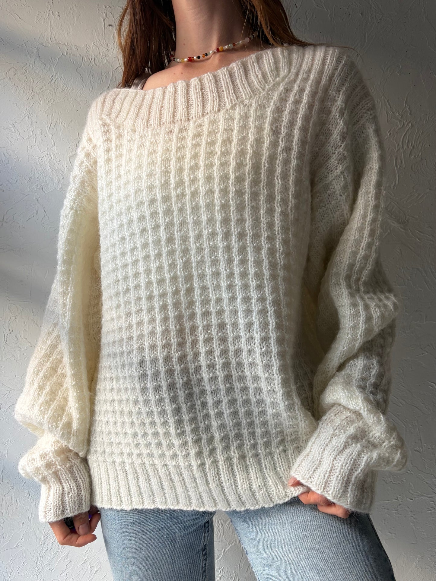 Vintage Oversized Hand Knit White Acrylic Sweater / Medium