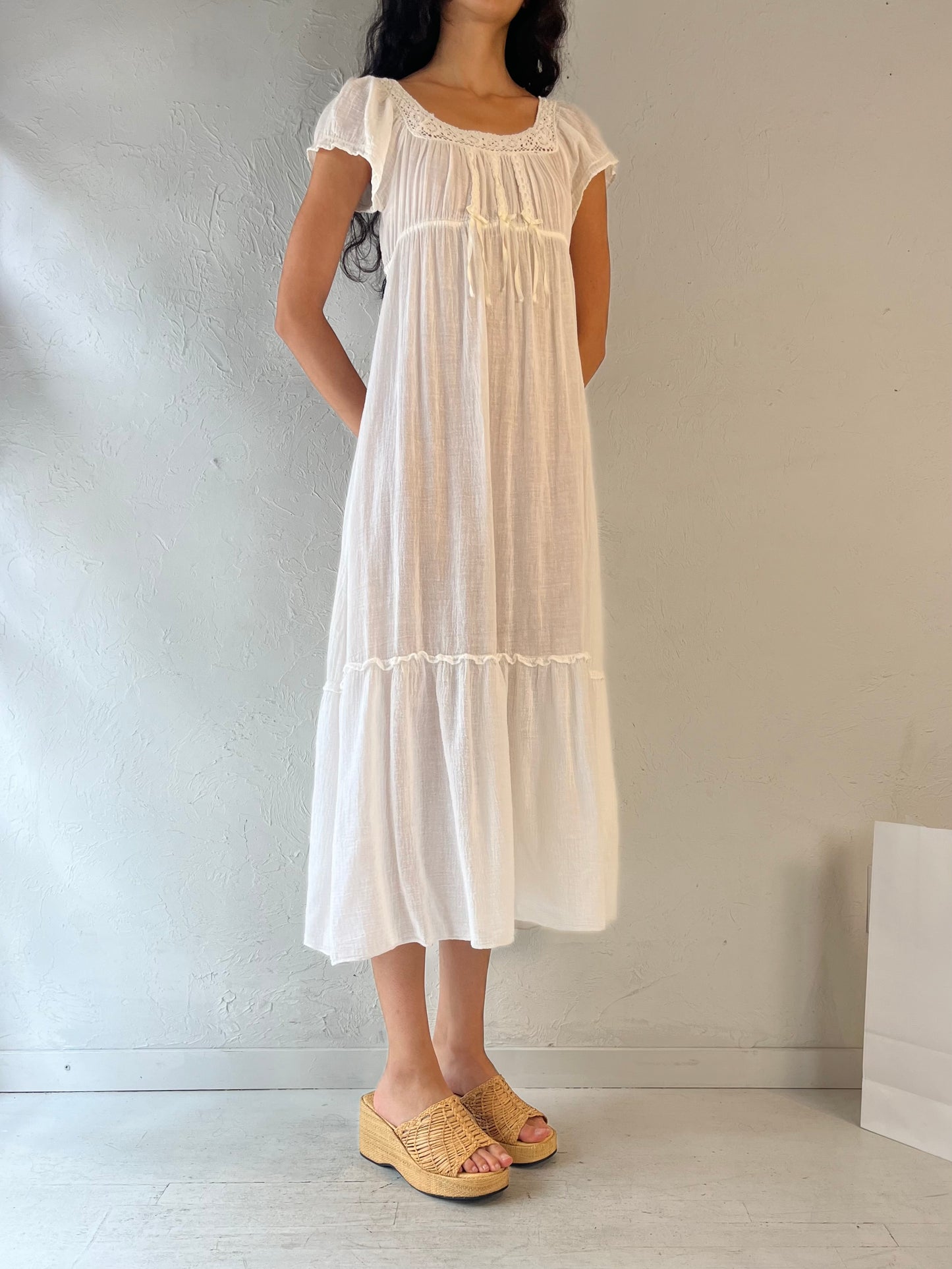 70s 'Juli' White Cotton Gauze Dress / Union Made / Small