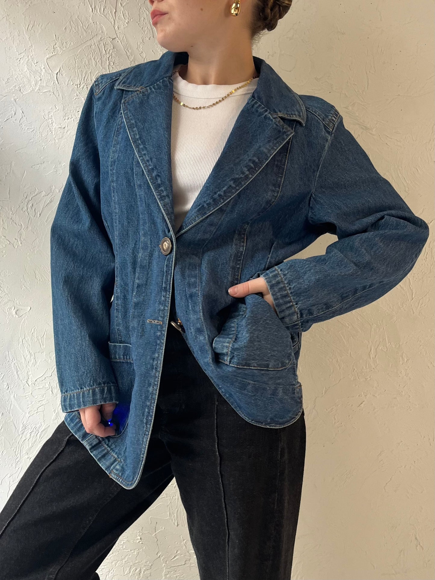 90s 'North Crest' Denim Blazer Jacket / Medium