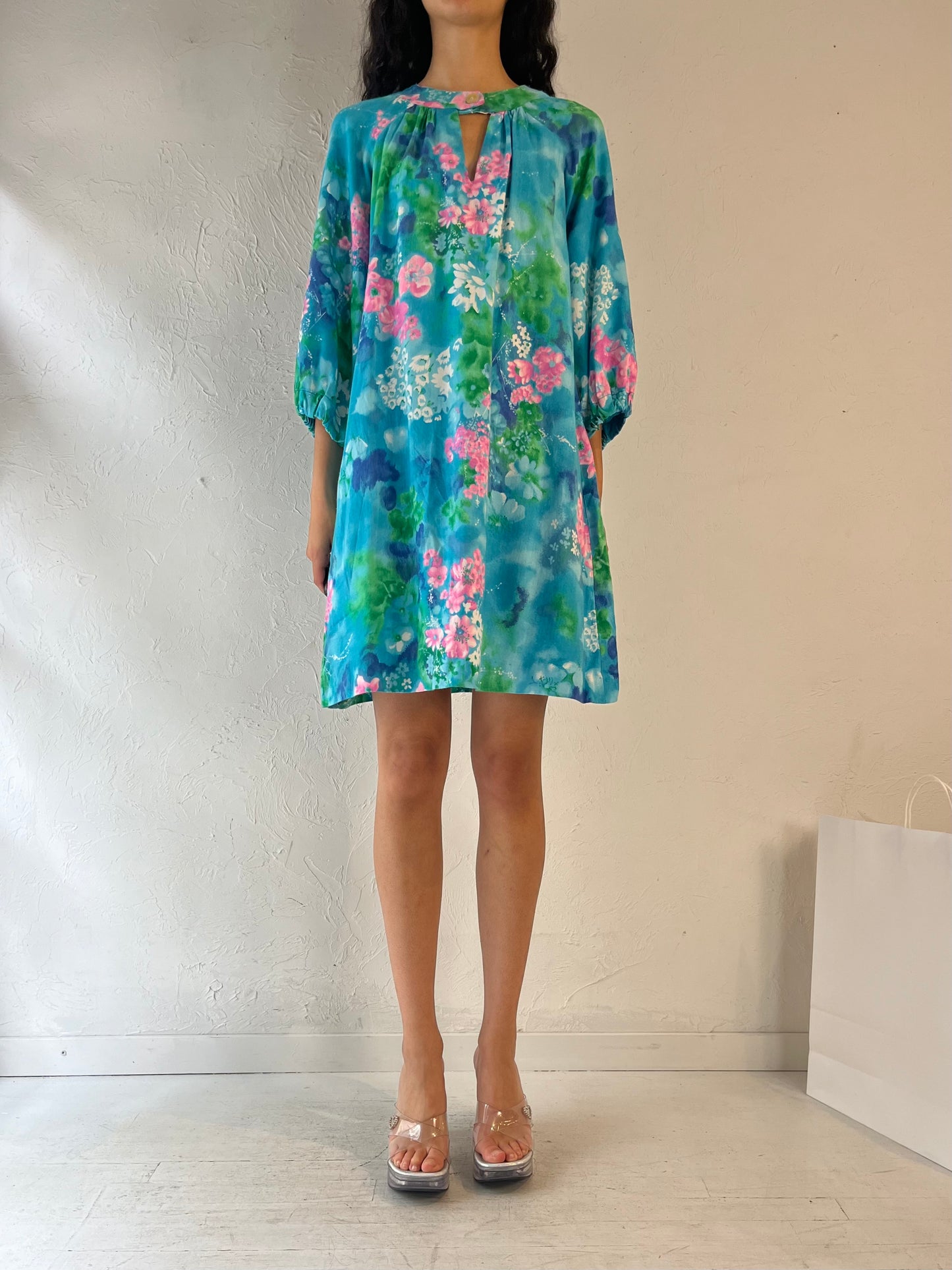 70s Handmade Blue Floral Shift Dress / Small