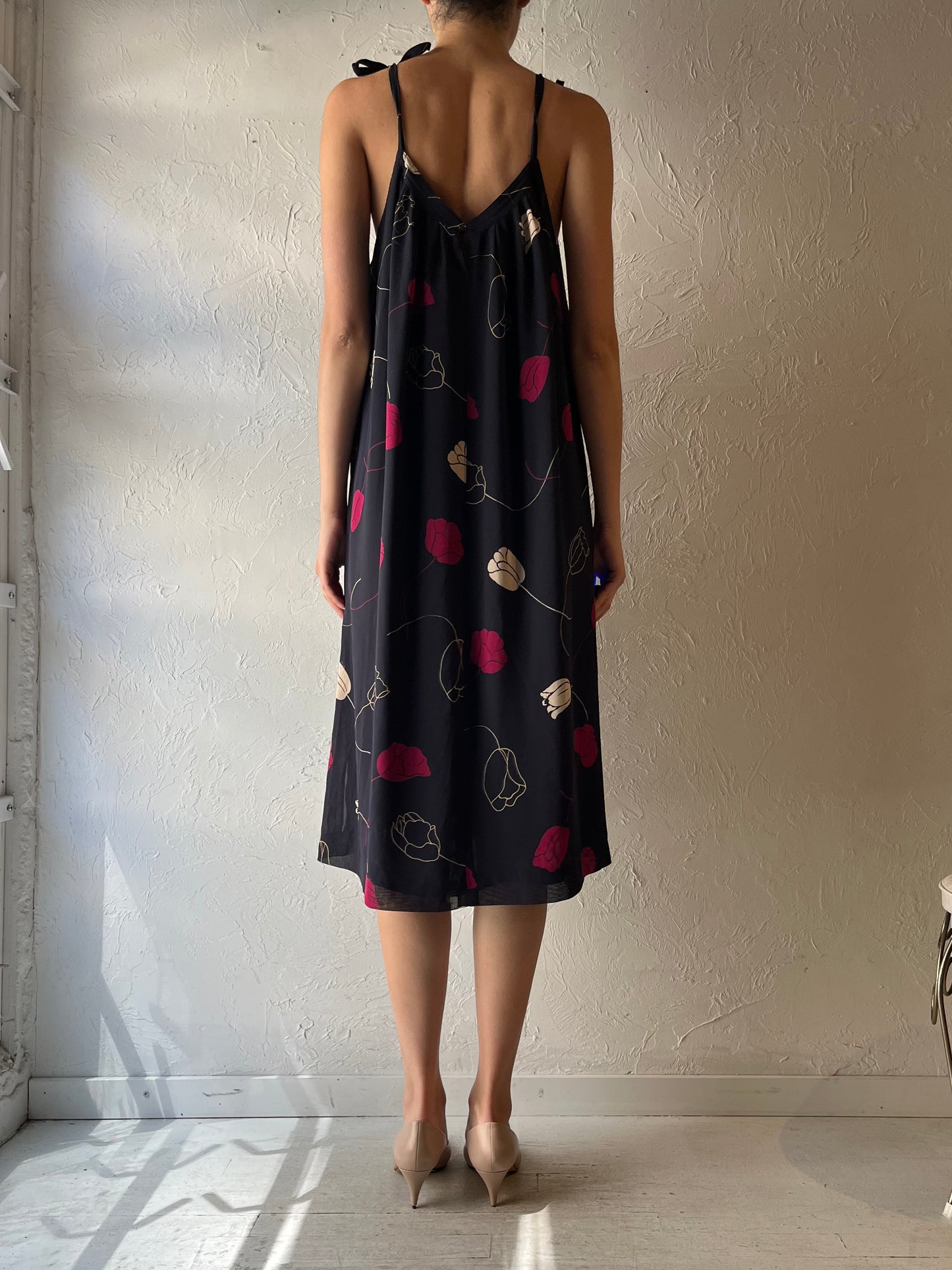90s 'My Cathalin' Black Floral Retro Baby Doll Summer Dress / Vintage 1990s Grunge Floral Mini Dress /Small - Medium