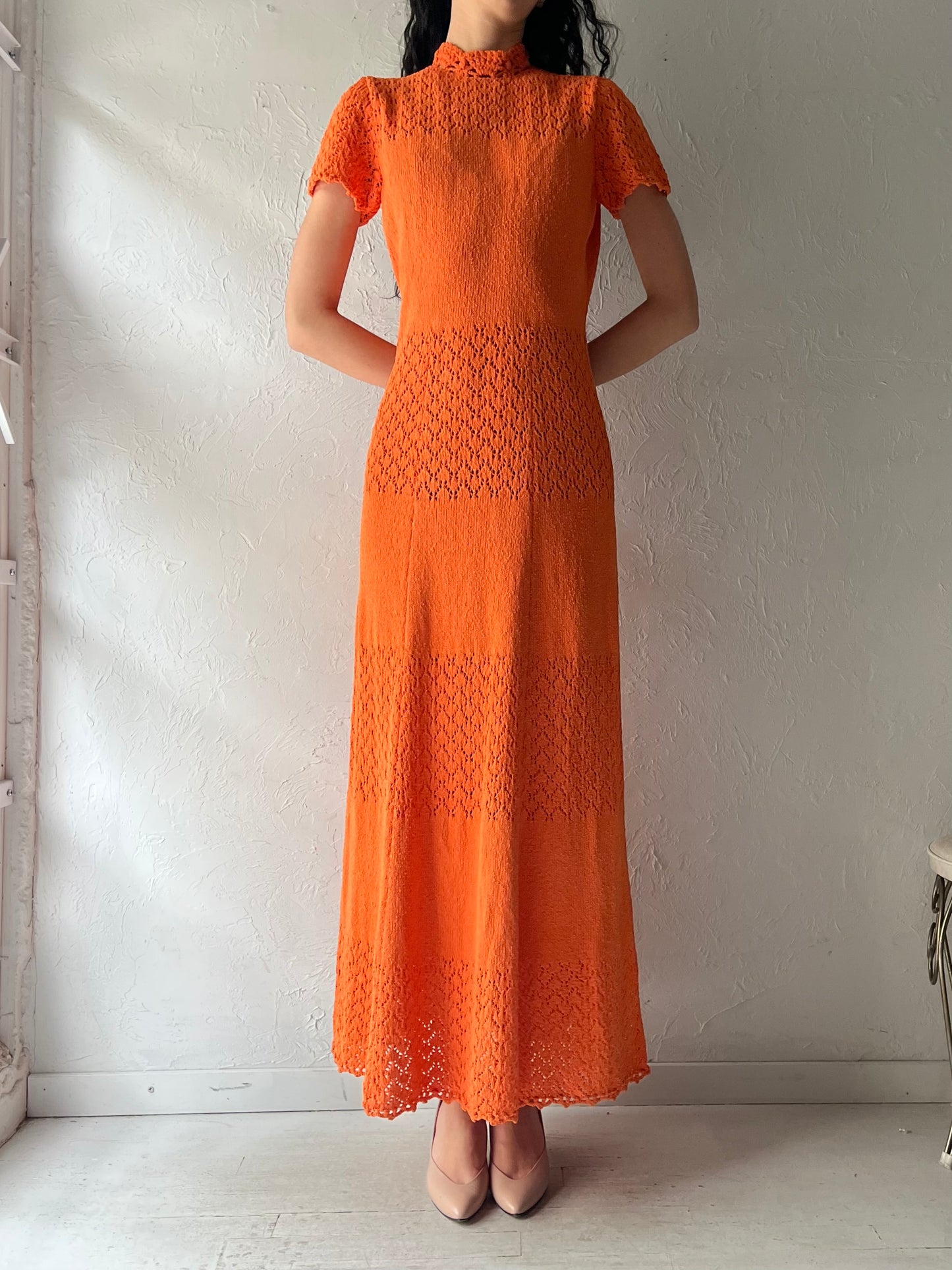 80s Vintage Orange Retro Boho Knit Maxi Dress / Medium
