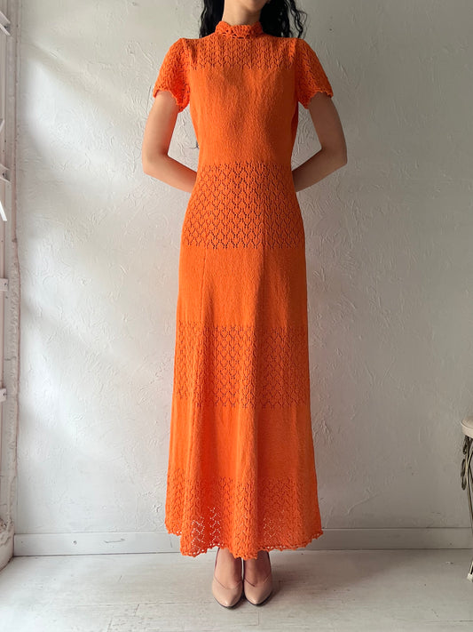 80s Vintage Orange Retro Boho Knit Maxi Dress / Medium