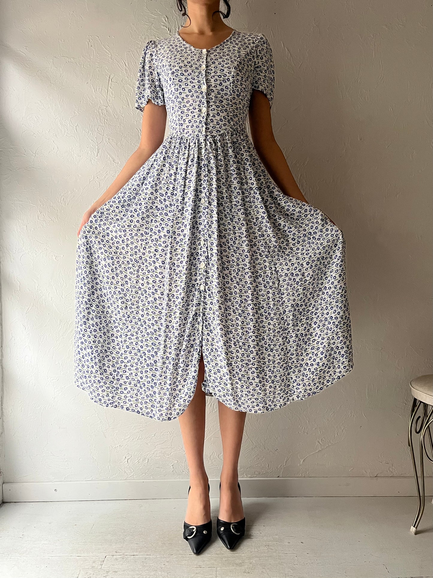 90s 'Pioko' Blue Floral Rayon Dress / Small