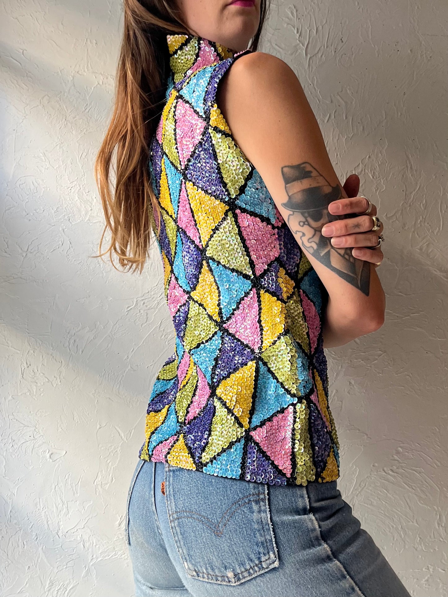 80s Geometric Sequin Sleeveless Top / Small - Medium