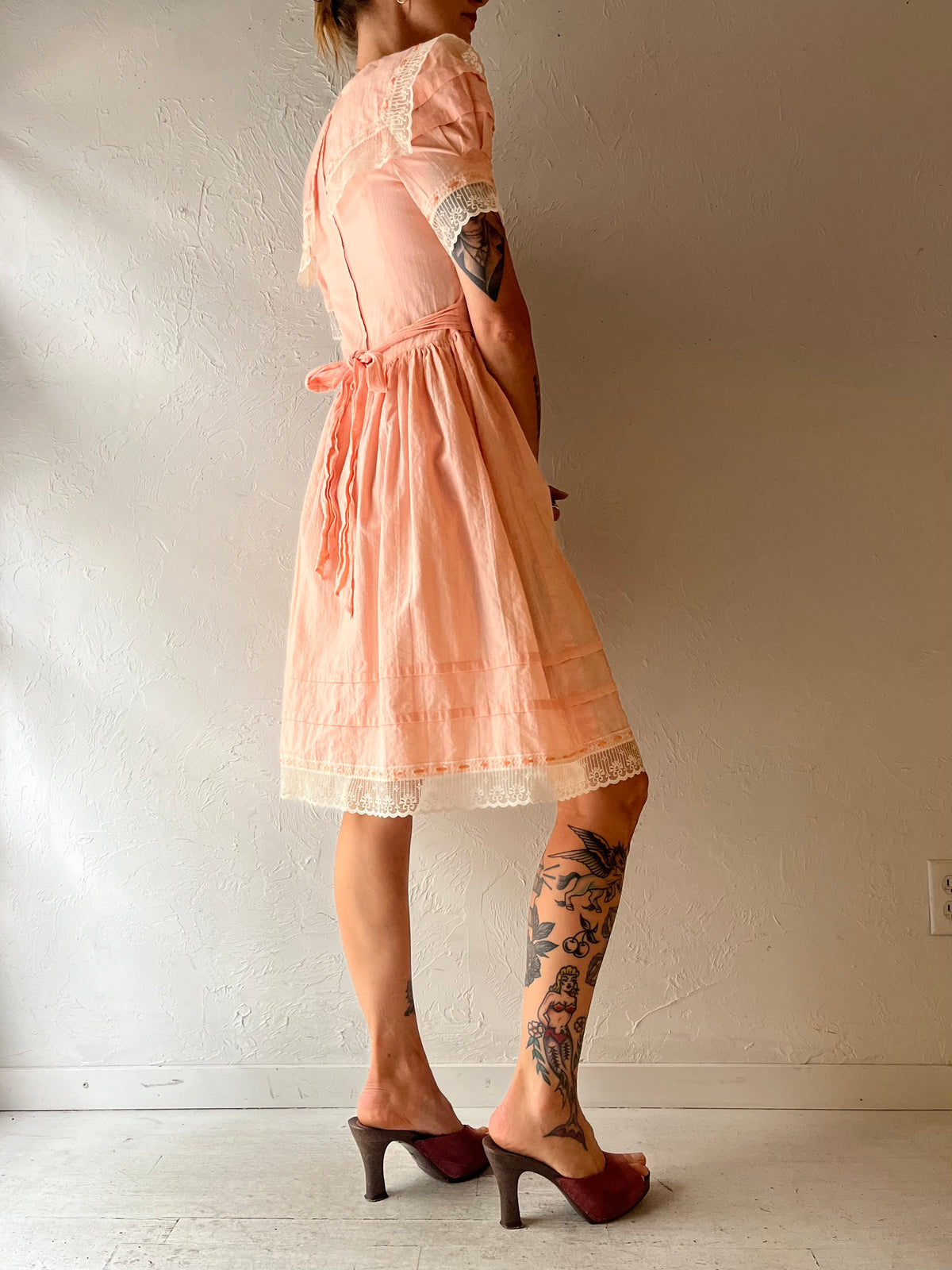 60s Pink Lace Retro Sailor Style Dress / Small
