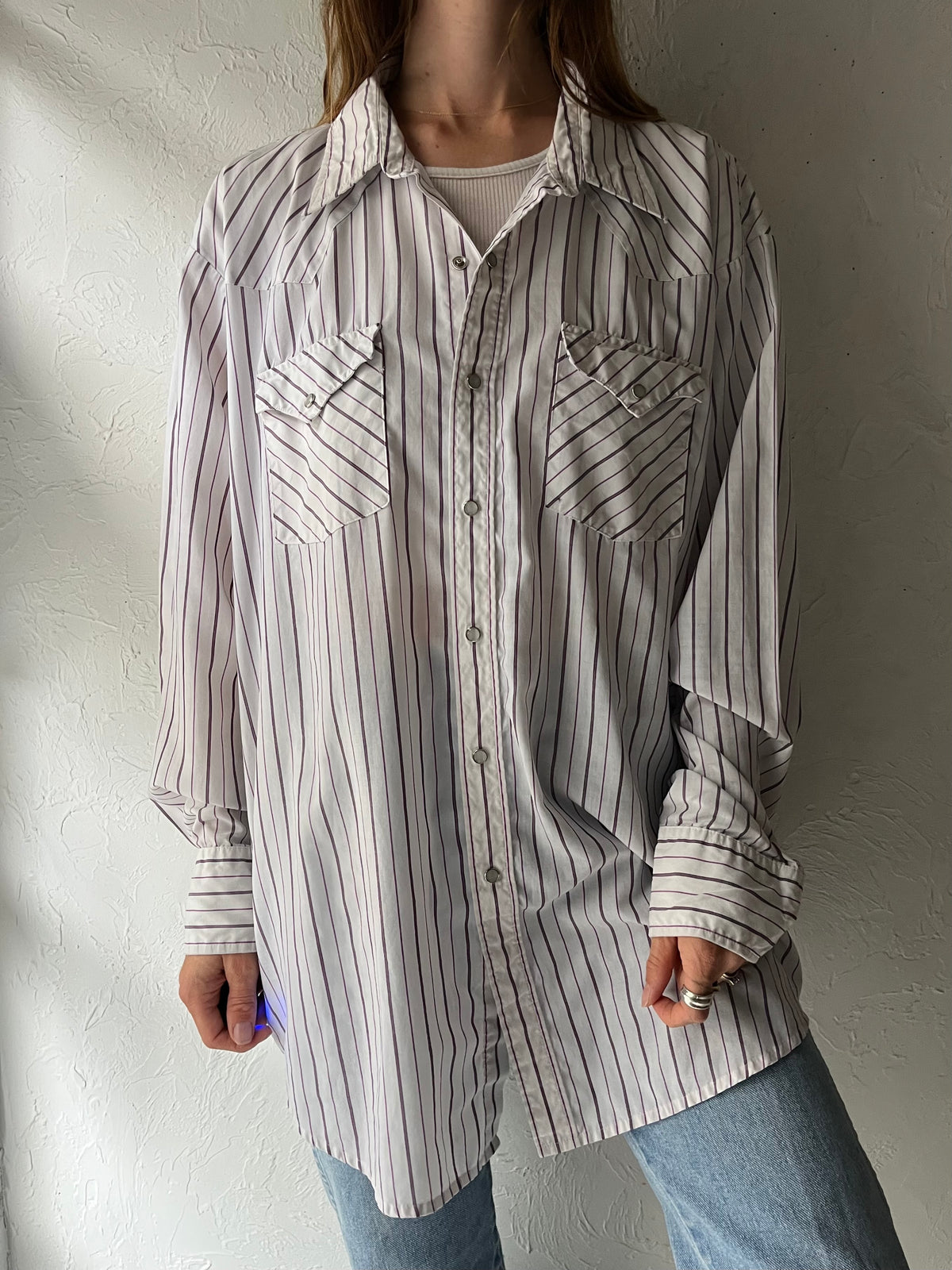 Vintage 'Western Craft' Purple Striped Pearl Snap Shirt / Large