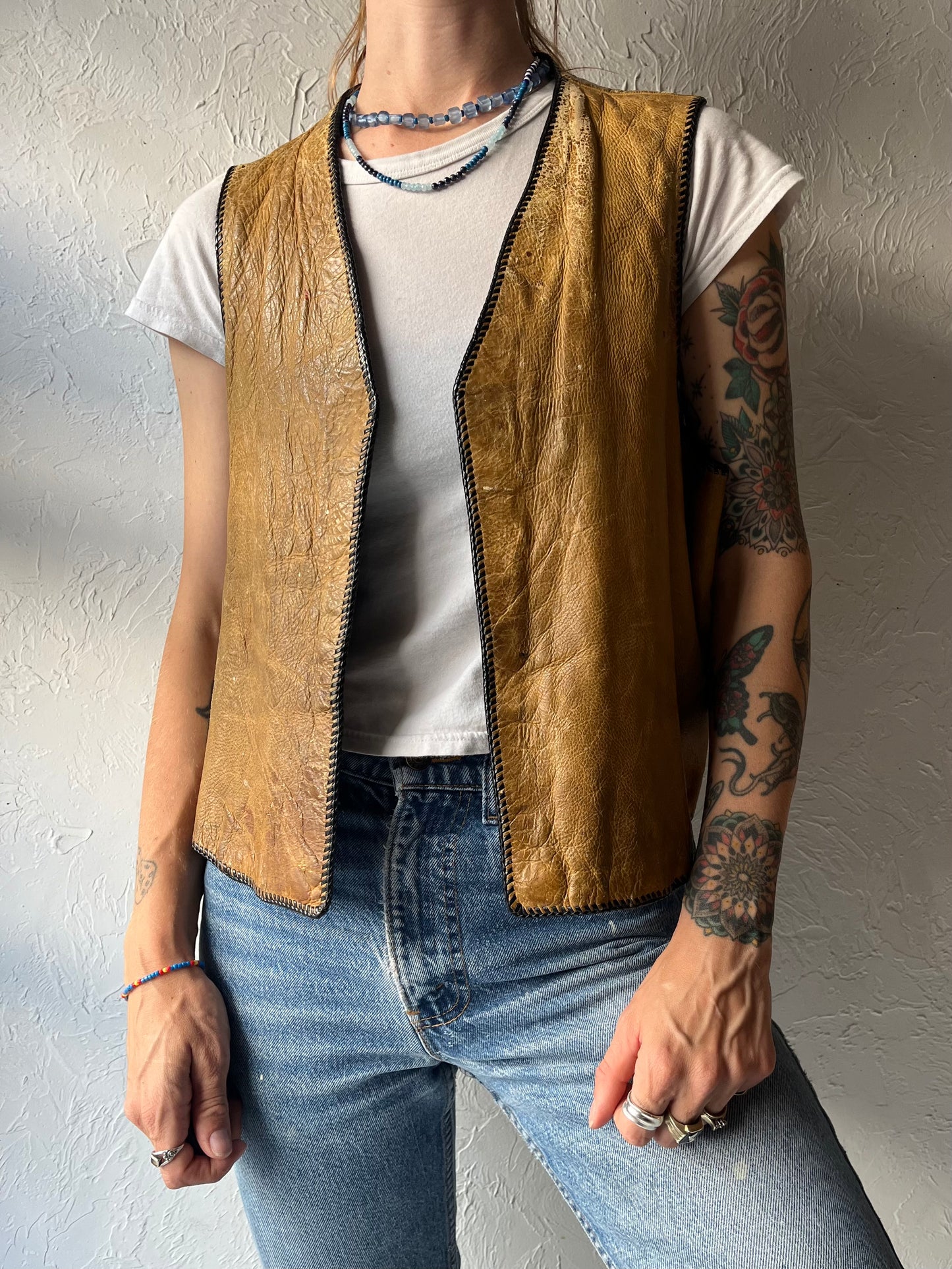 Vintage Handmade Weathered Leather Vest / Medium