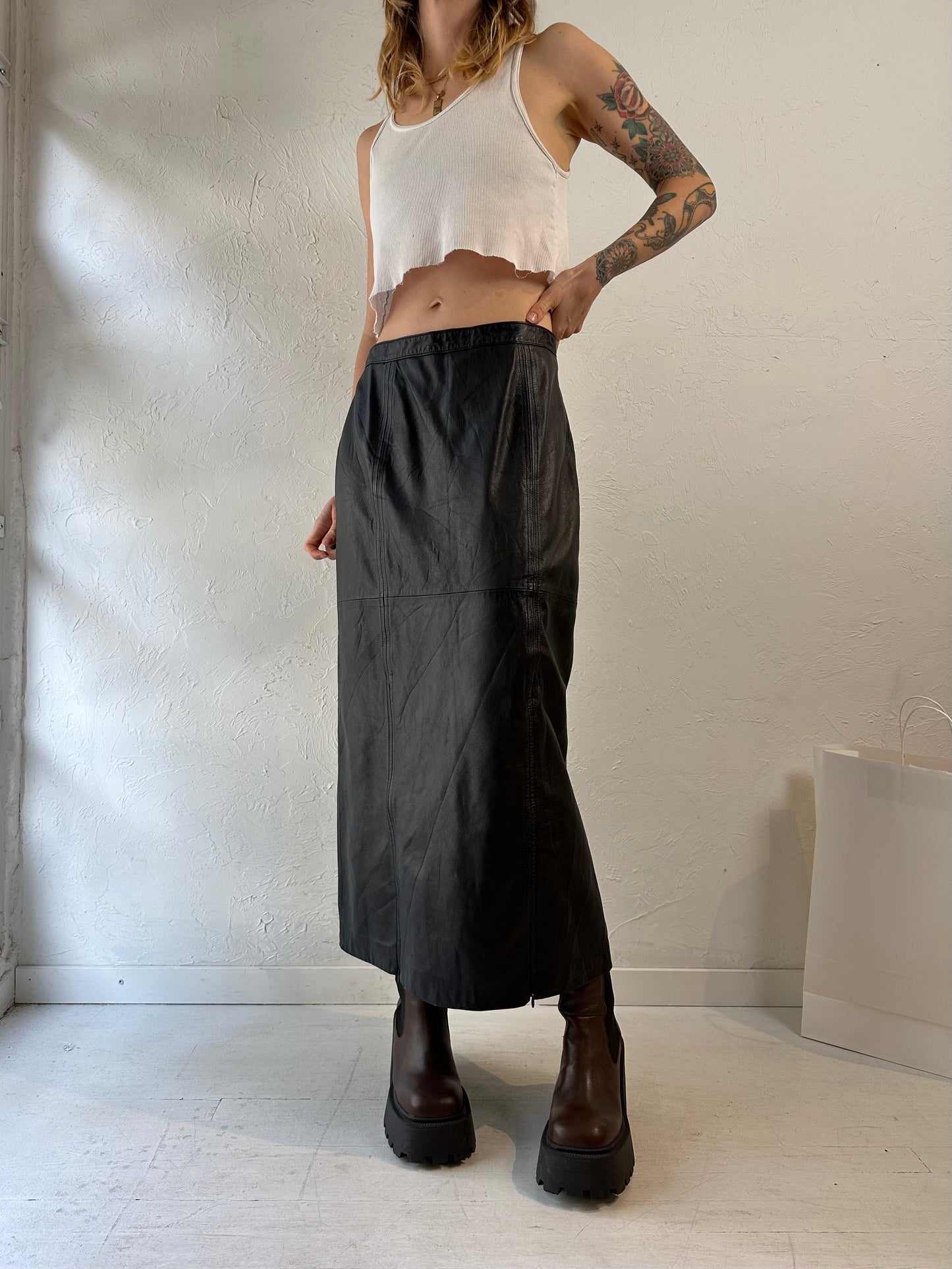 Y2k 'Nancy Bolen' Black Leather Maxi Skirt / Medium