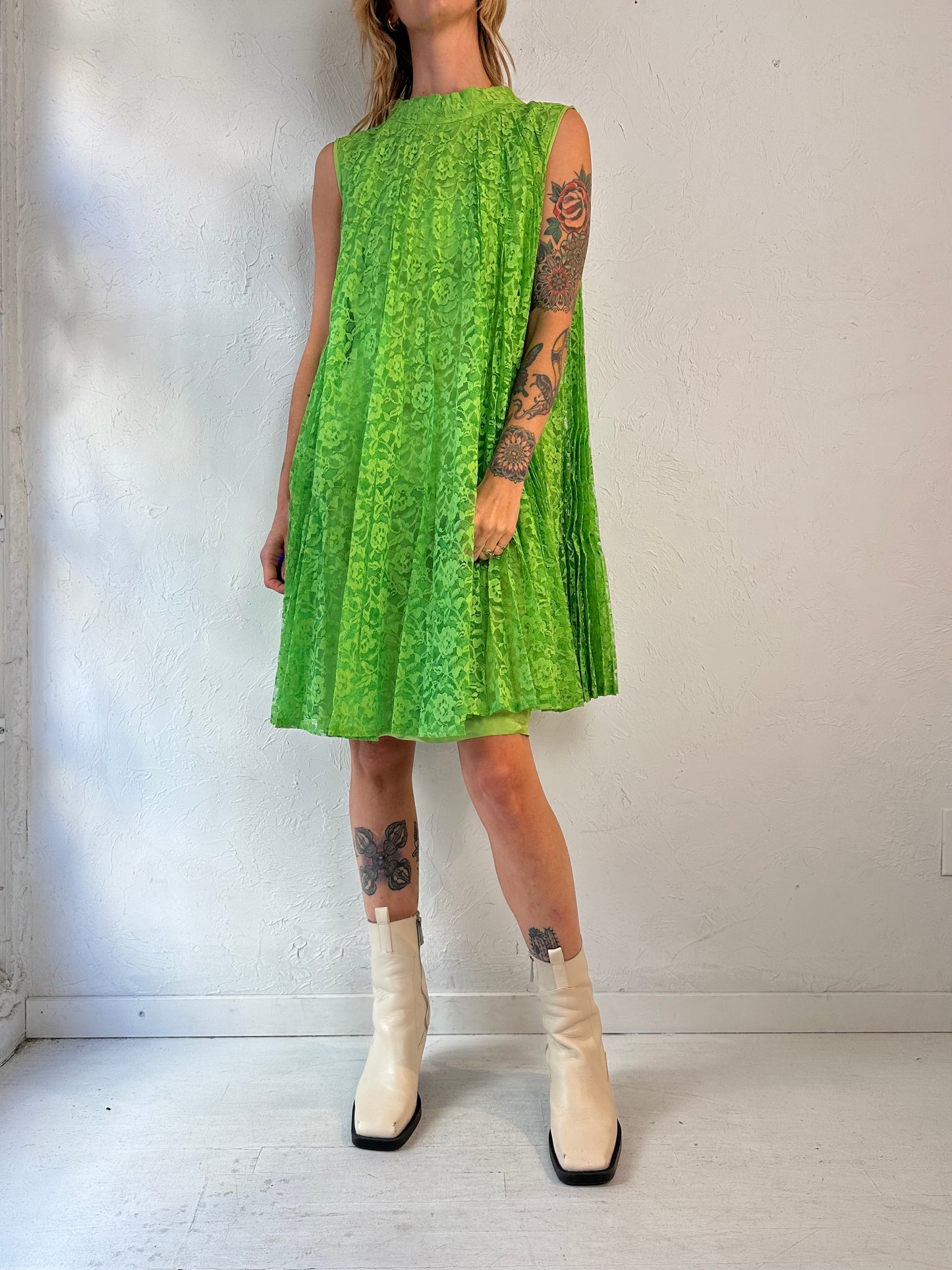 70s 'Simpson Sears' Lime Green Lace Mini Baby Doll Dress / Medium