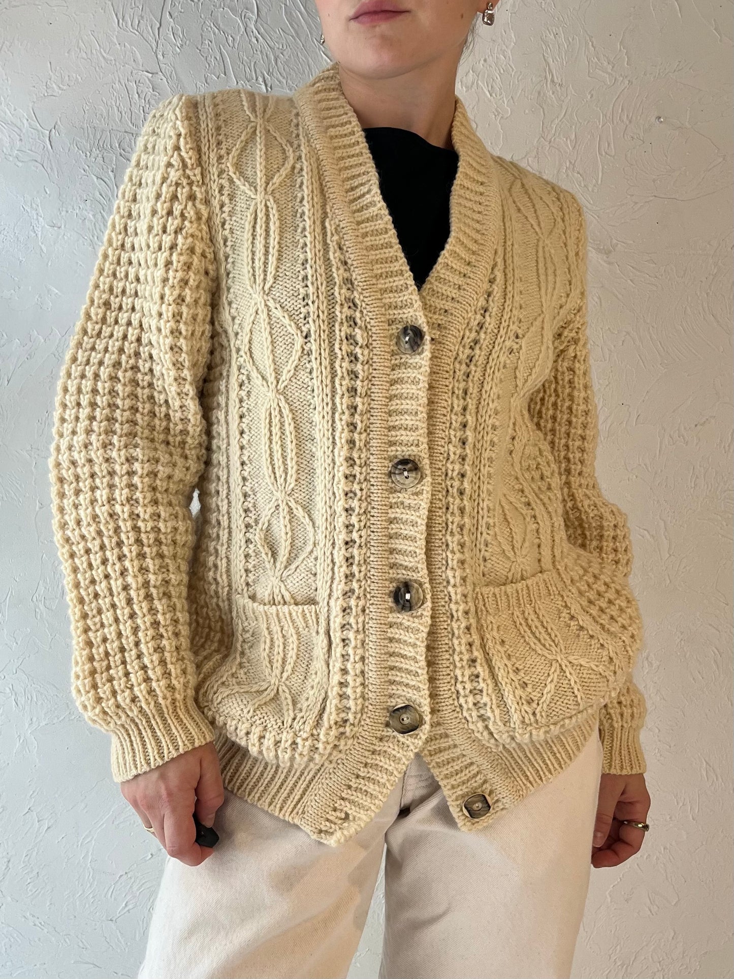 Vintage 'Gaeltarra' Cream Cable Knit Wool Fishermans Cardigan / Small