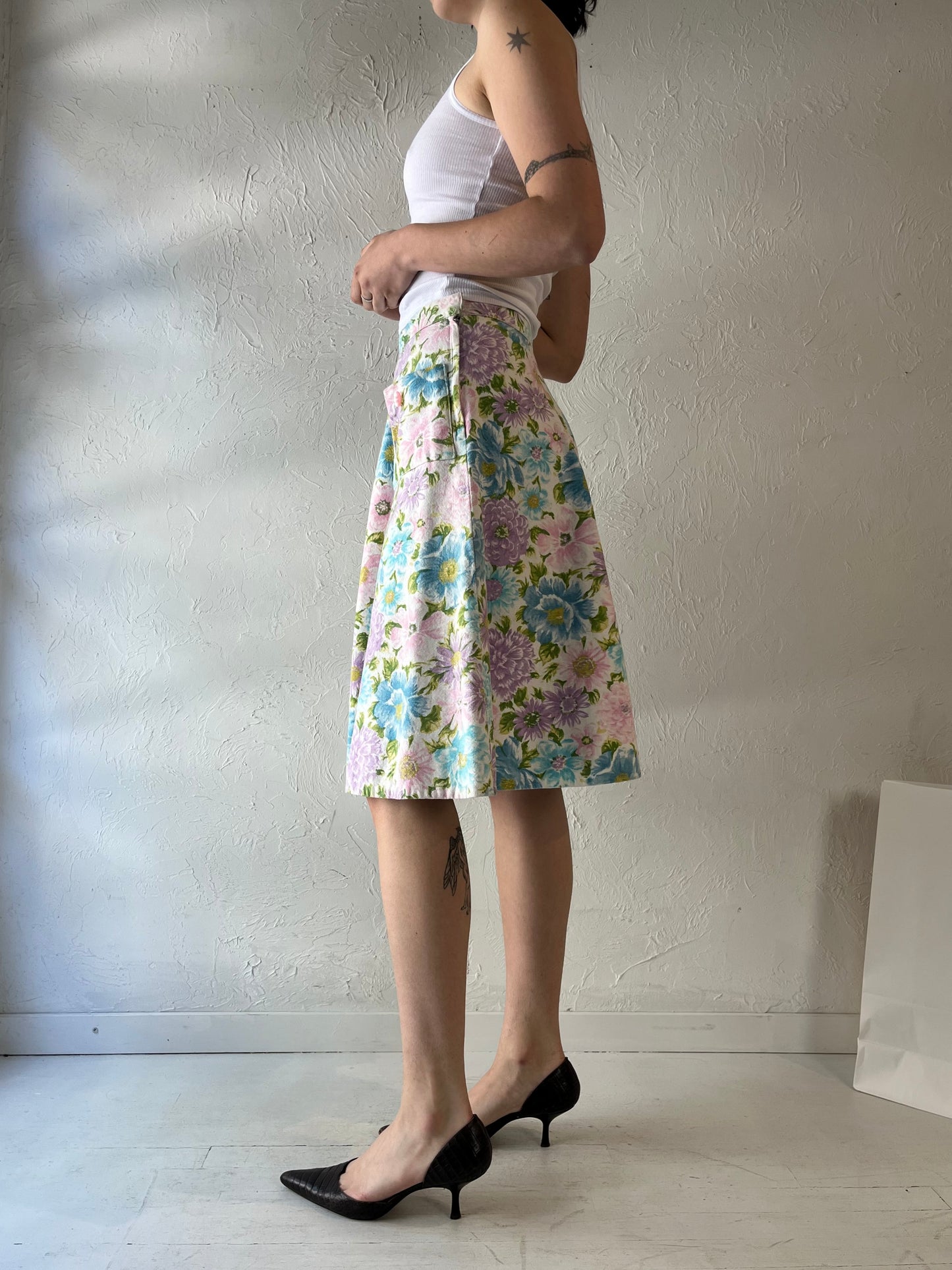 Vintage Handmade Pastel Floral Midi Skirt / Small