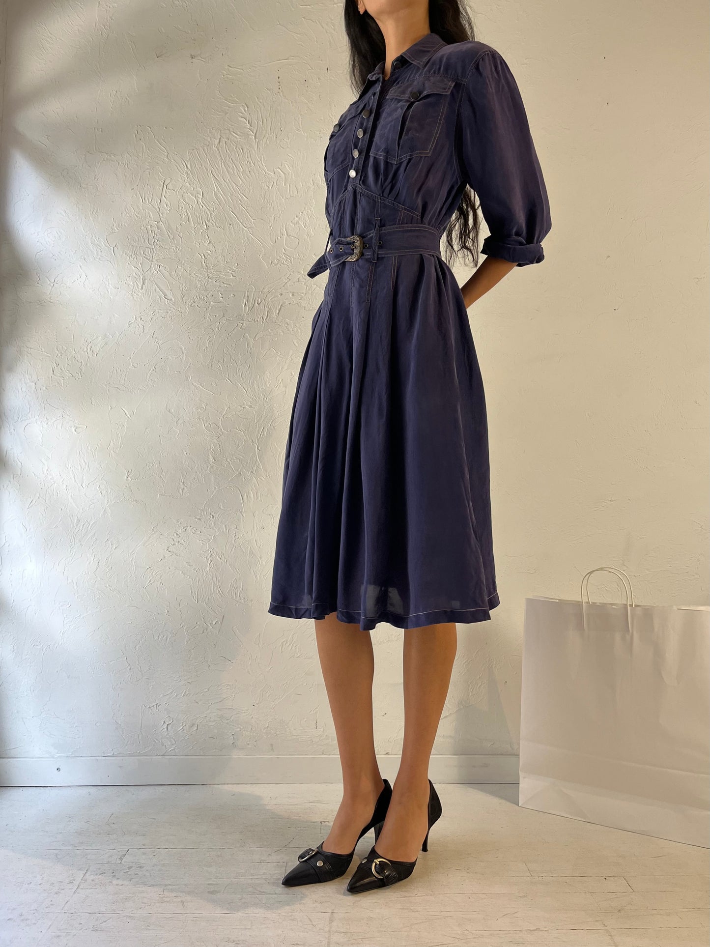 80s 'Karen Alexander' Navy Blue Silk Dress / Small