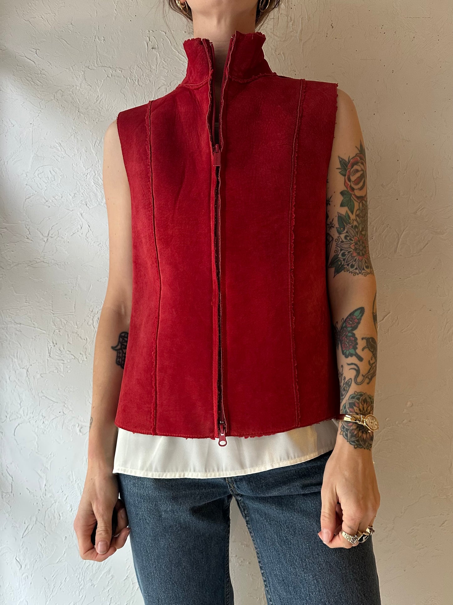 Y2k 'Express vest' Red Suede Leather Vest / Medium