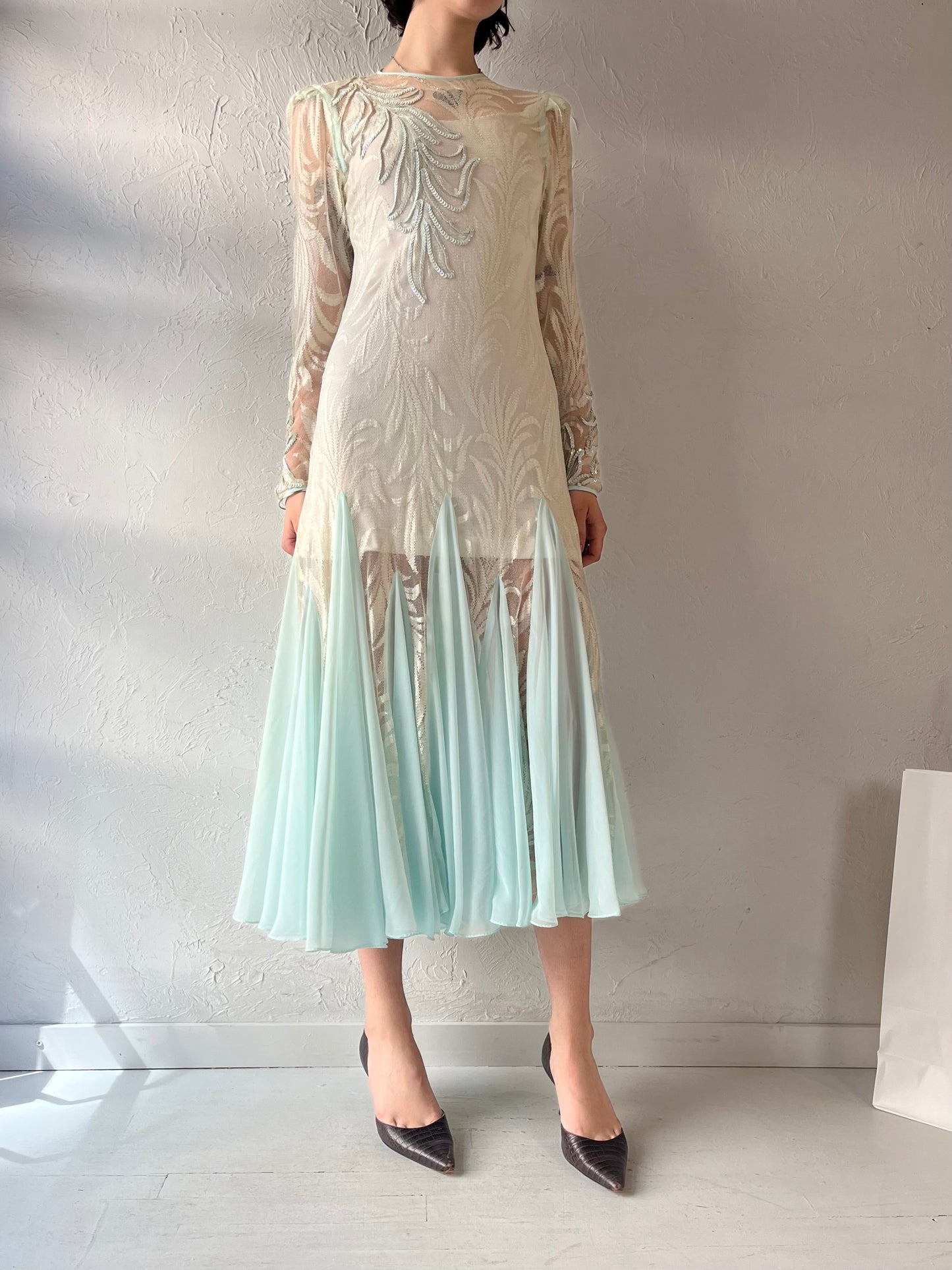 Vintage Baby Blue Mesh Sequin Dress / Medium